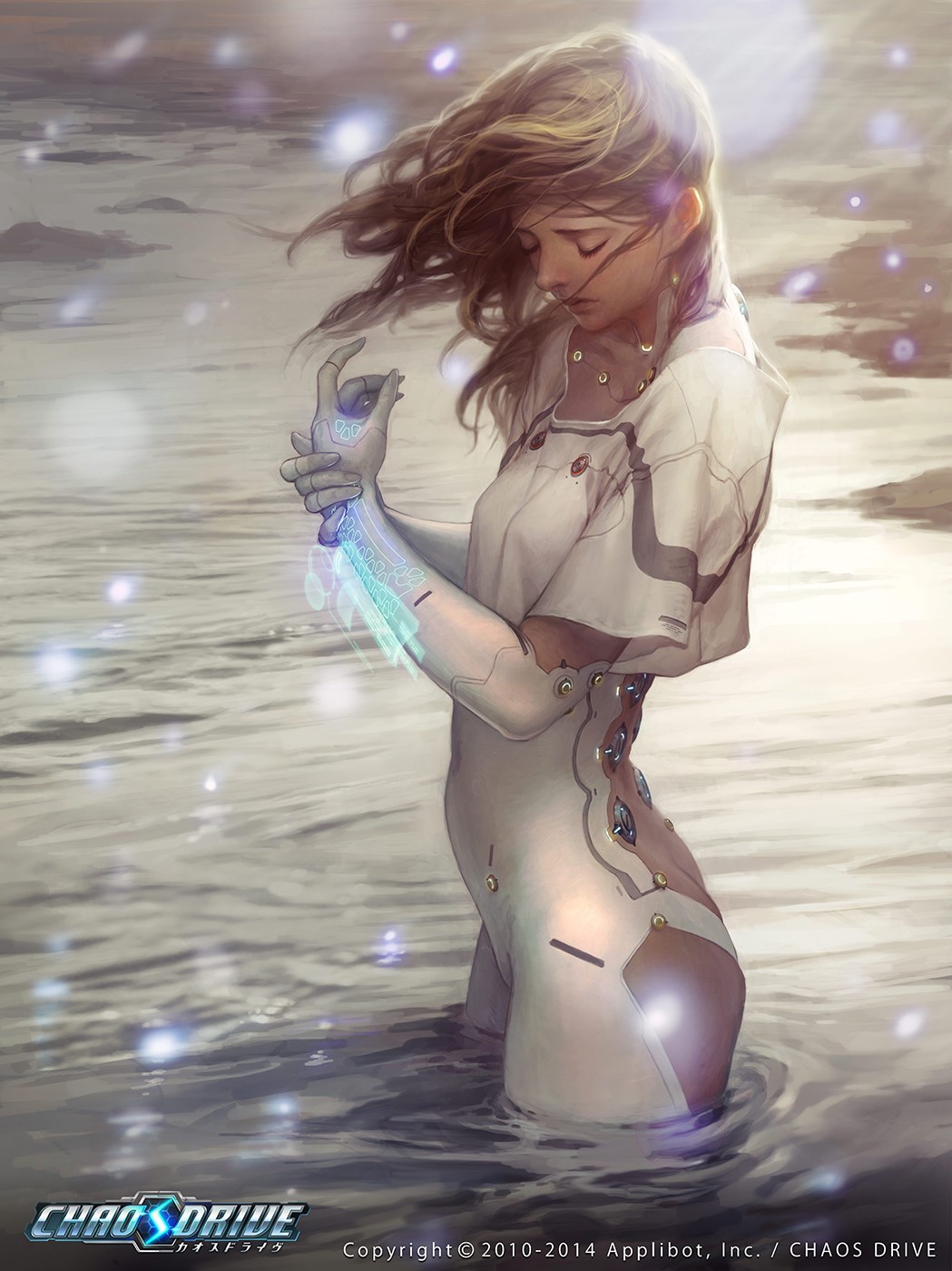Science fiction woman in water with glowing arm HD Phone Wallpaper