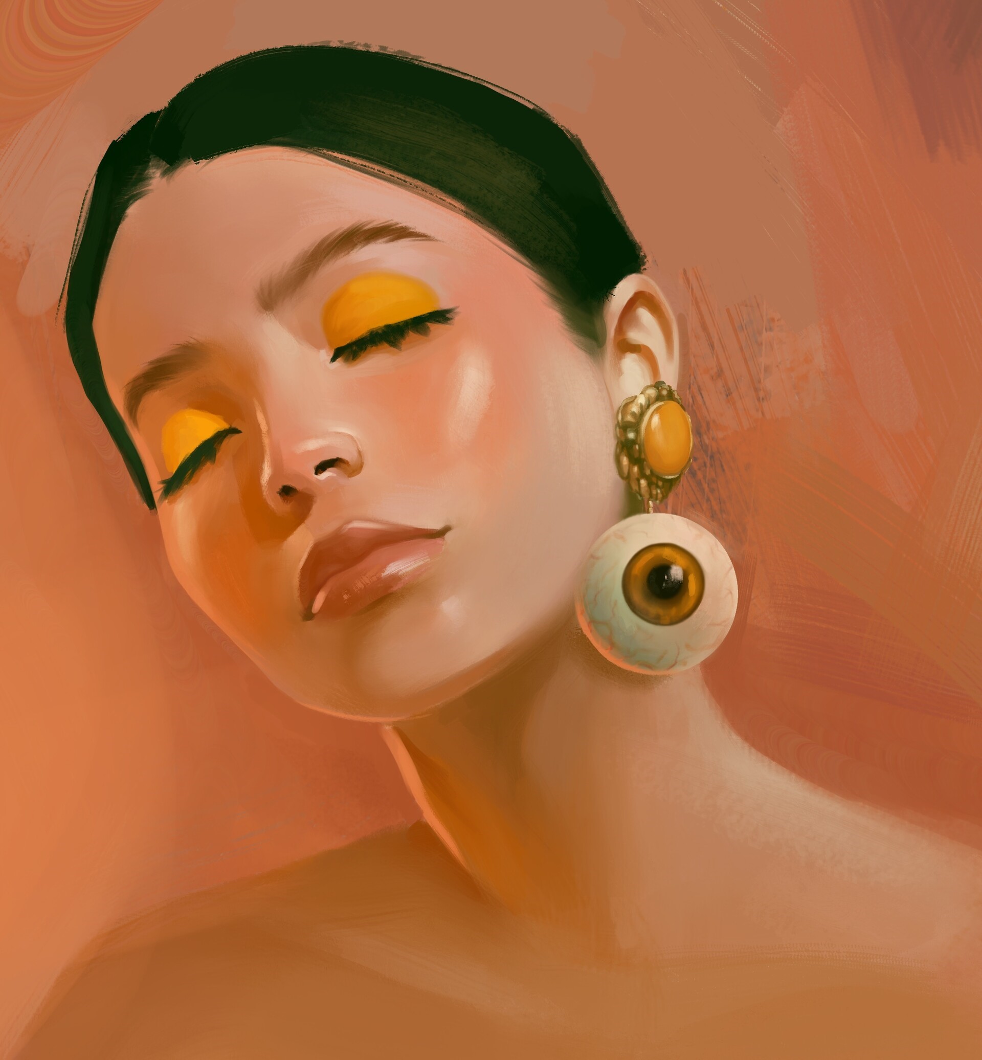 Artwork of a woman with yellow eyeshadow and an eyeball earring HD Phone Wallpaper