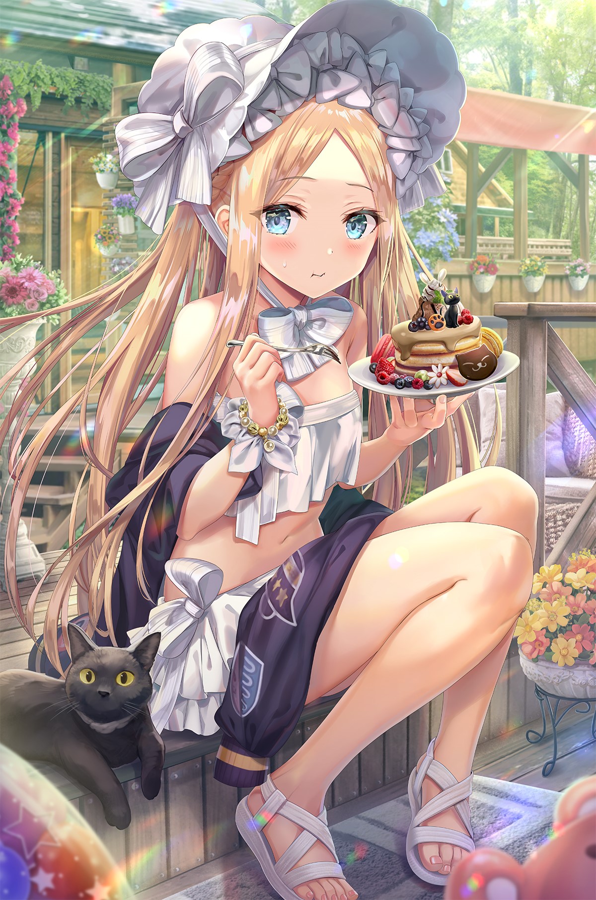 Abigail Williams from Fate/Grand Order eating pancakes with a cat HD Phone Wallpaper
