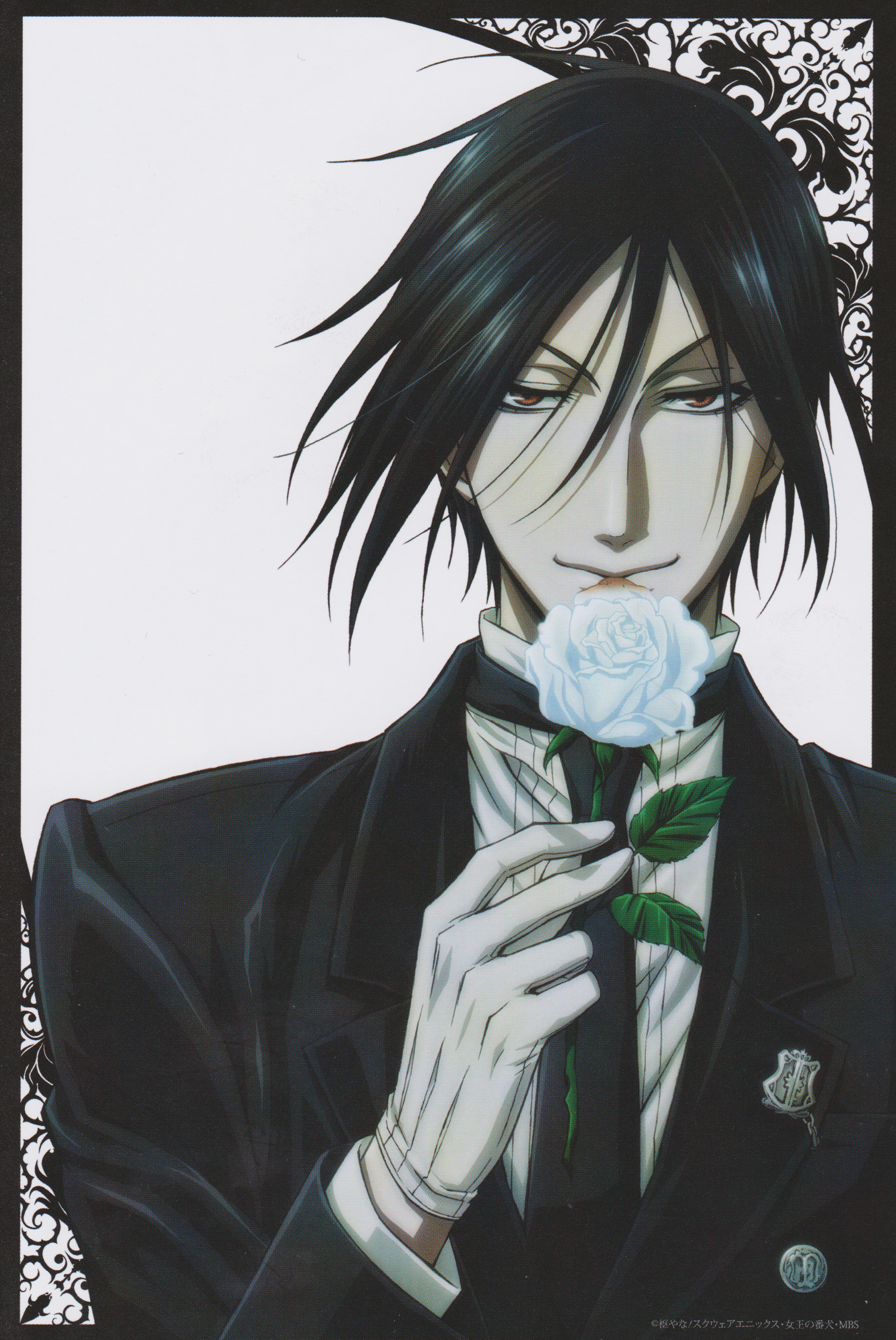 Sebastian Michaelis from Black Butler holding a white rose HD Phone Wallpaper