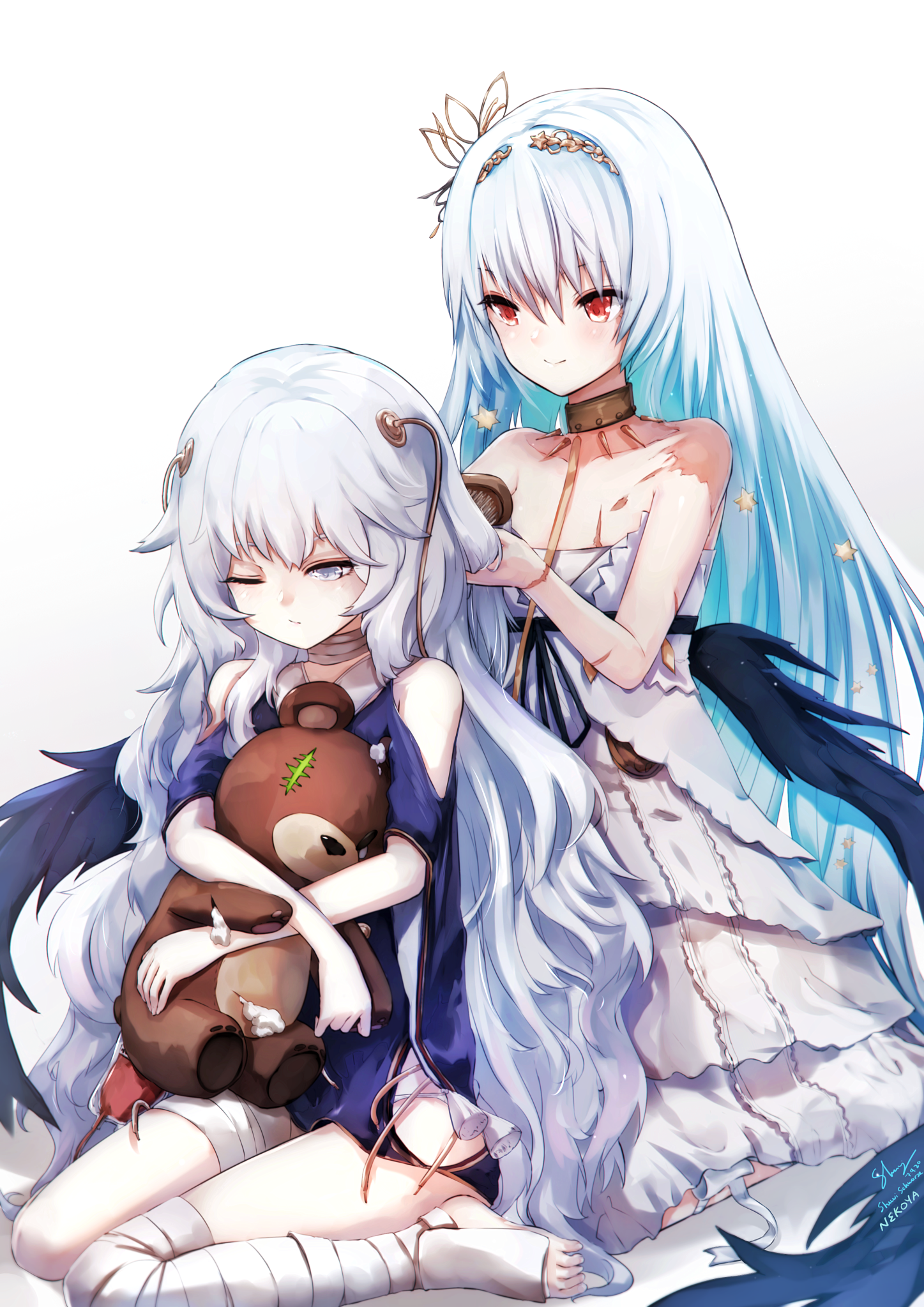 Two anime girls with white and blue hair, one holding a teddy bear HD Phone Wallpaper