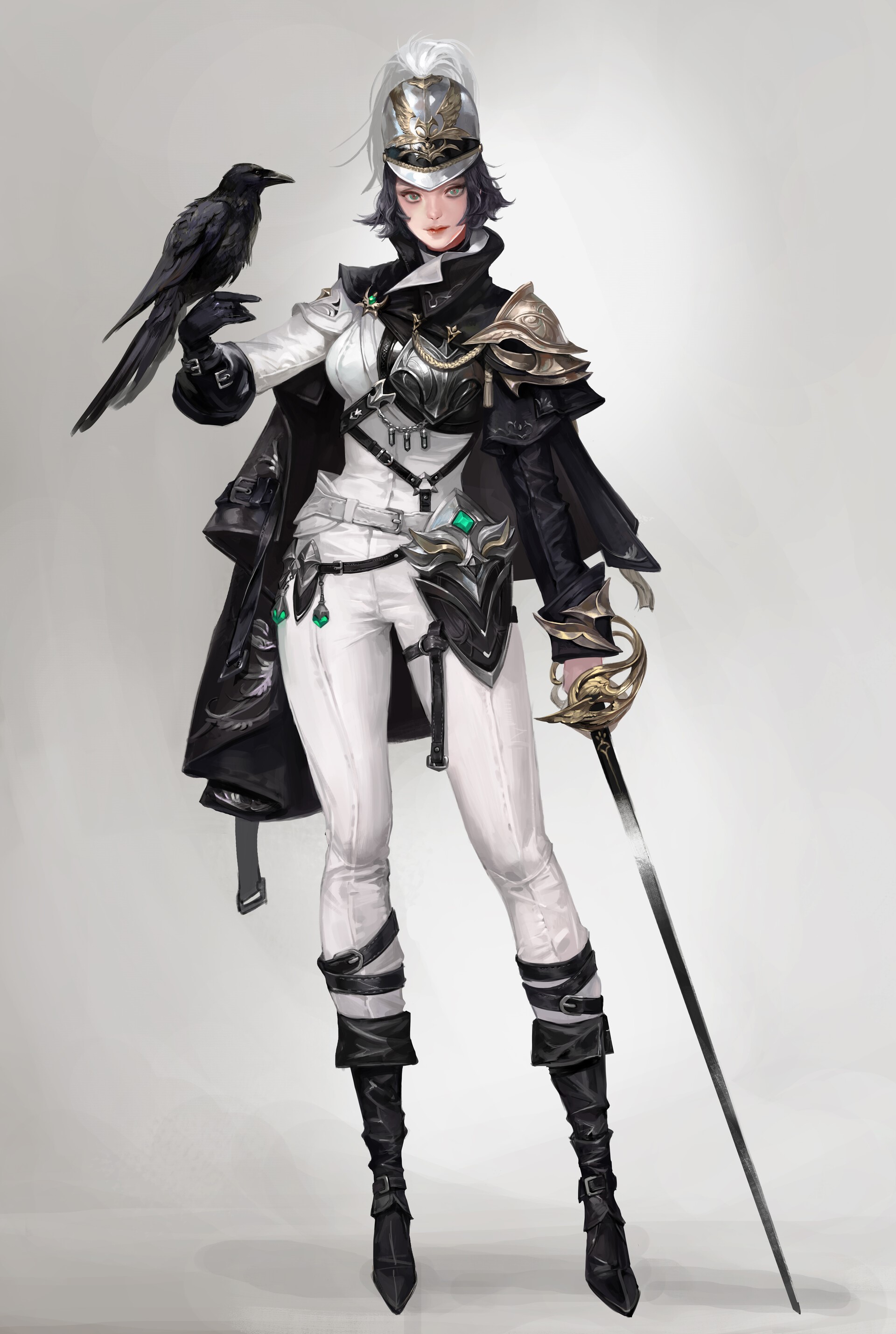Woman in military uniform with a raven and sword HD Phone Wallpaper