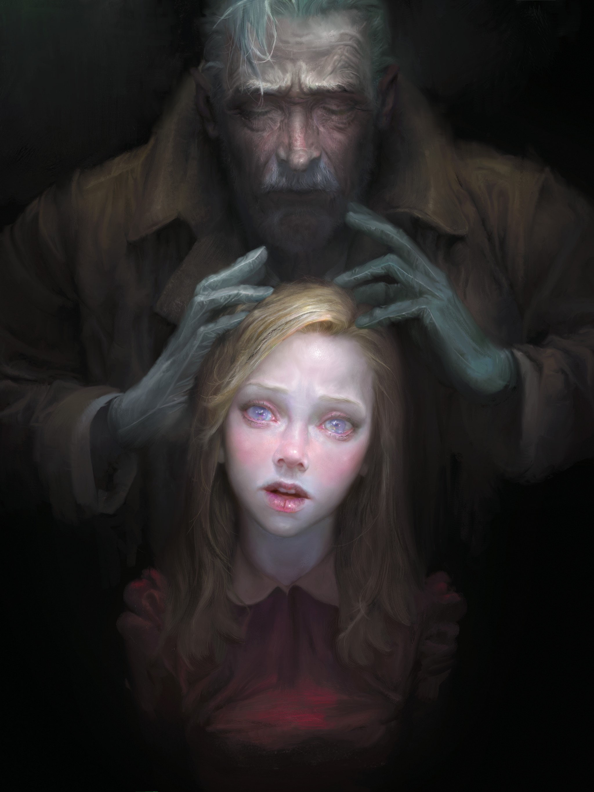 Artwork of an old man touching a young girl's head HD Phone Wallpaper