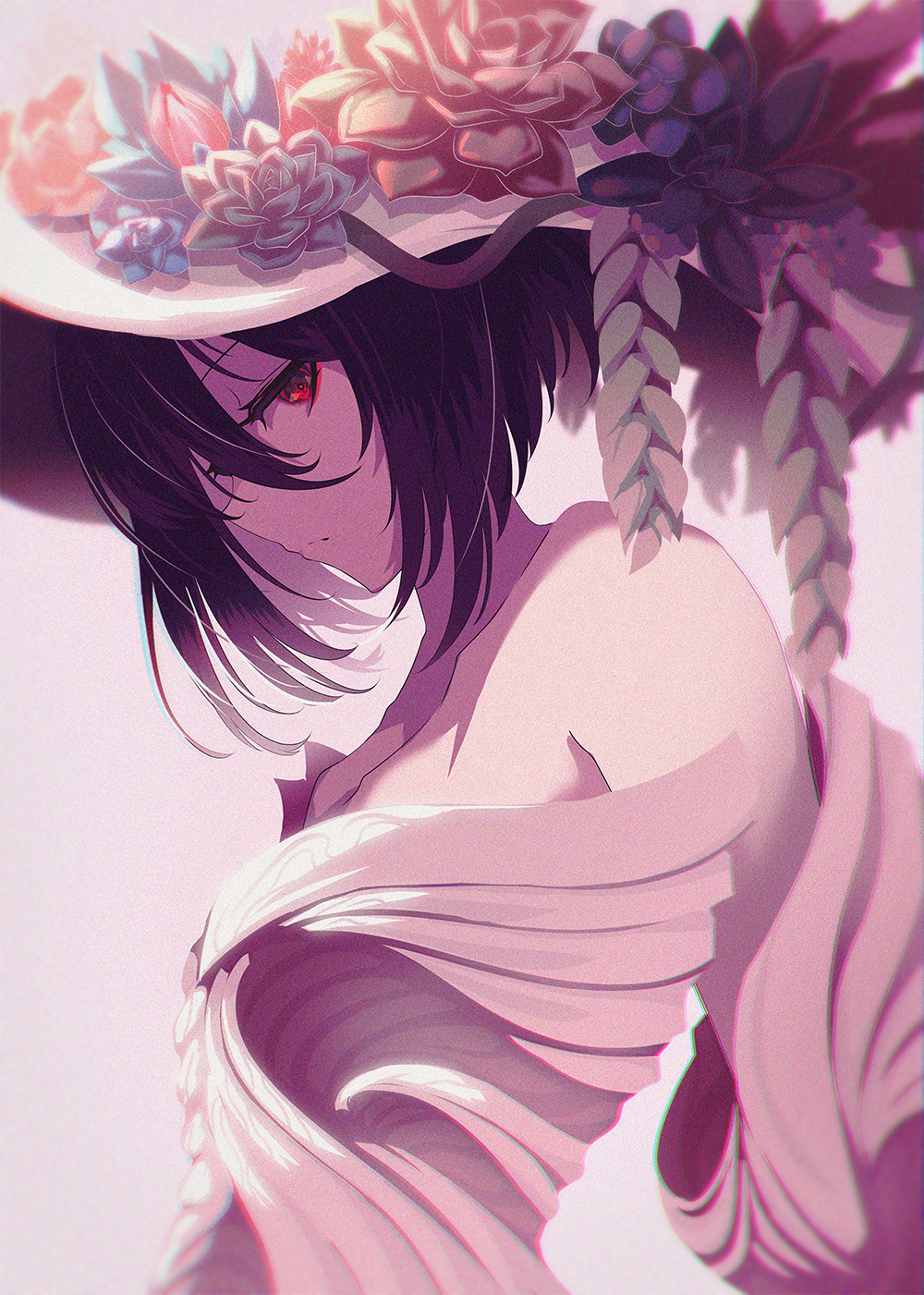 Anime girl with red eyes wearing a hat decorated with succulents HD Phone Wallpaper