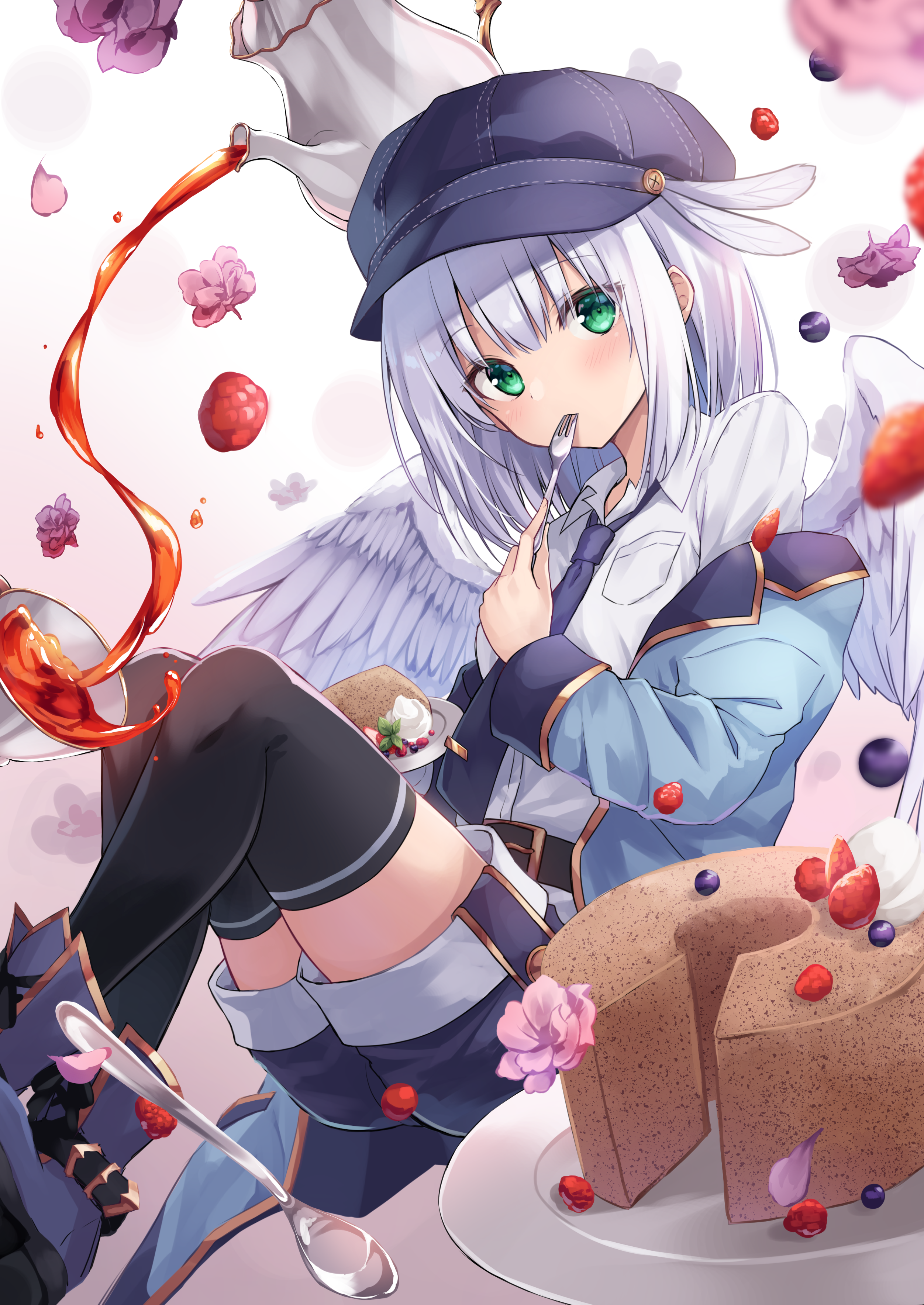 Anime girl with wings eating cake and drinking tea HD Phone Wallpaper