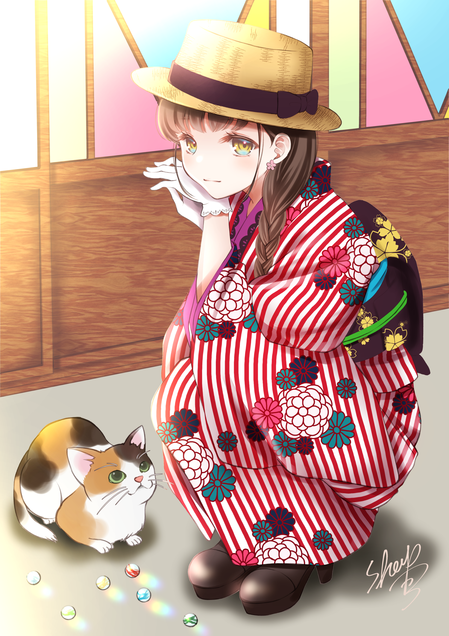 Anime girl in kimono with a cat and marbles HD Phone Wallpaper