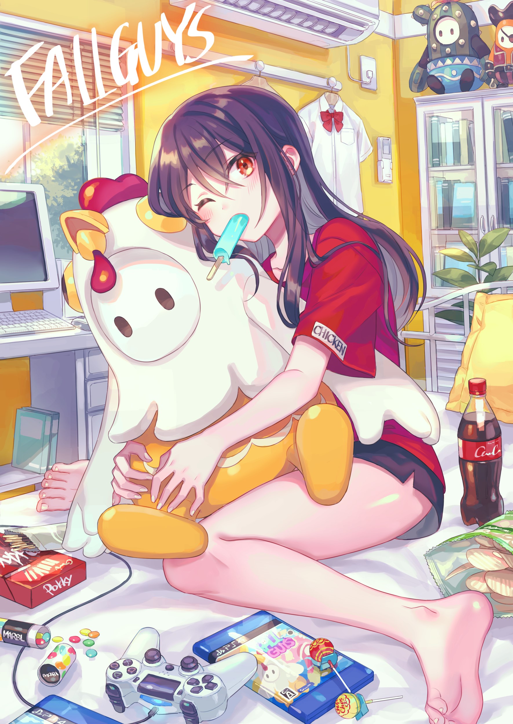 Anime girl with Fall Guys plushie playing video games HD Phone Wallpaper
