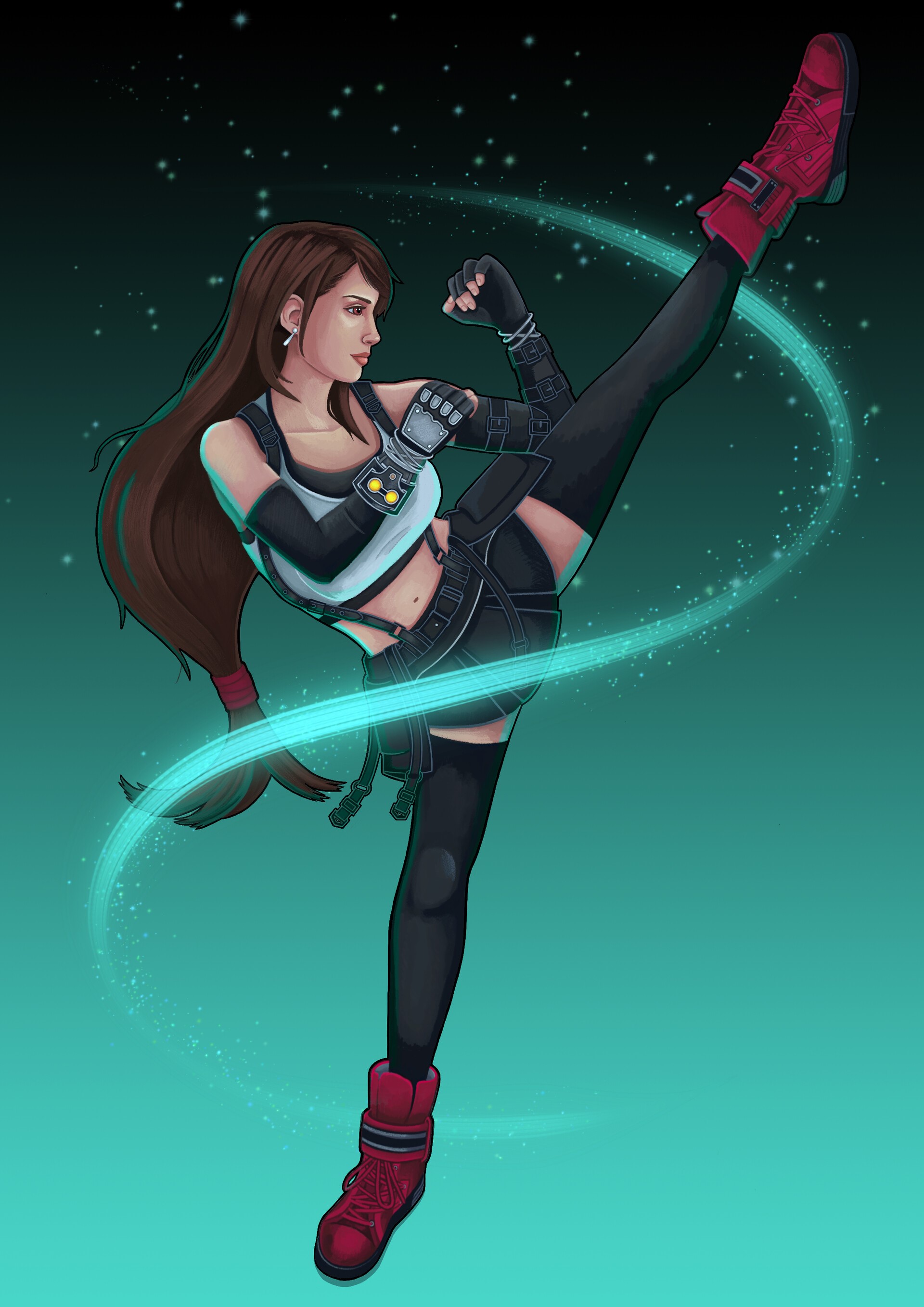 Tifa Lockhart from Final Fantasy performing a kick HD Phone Wallpaper