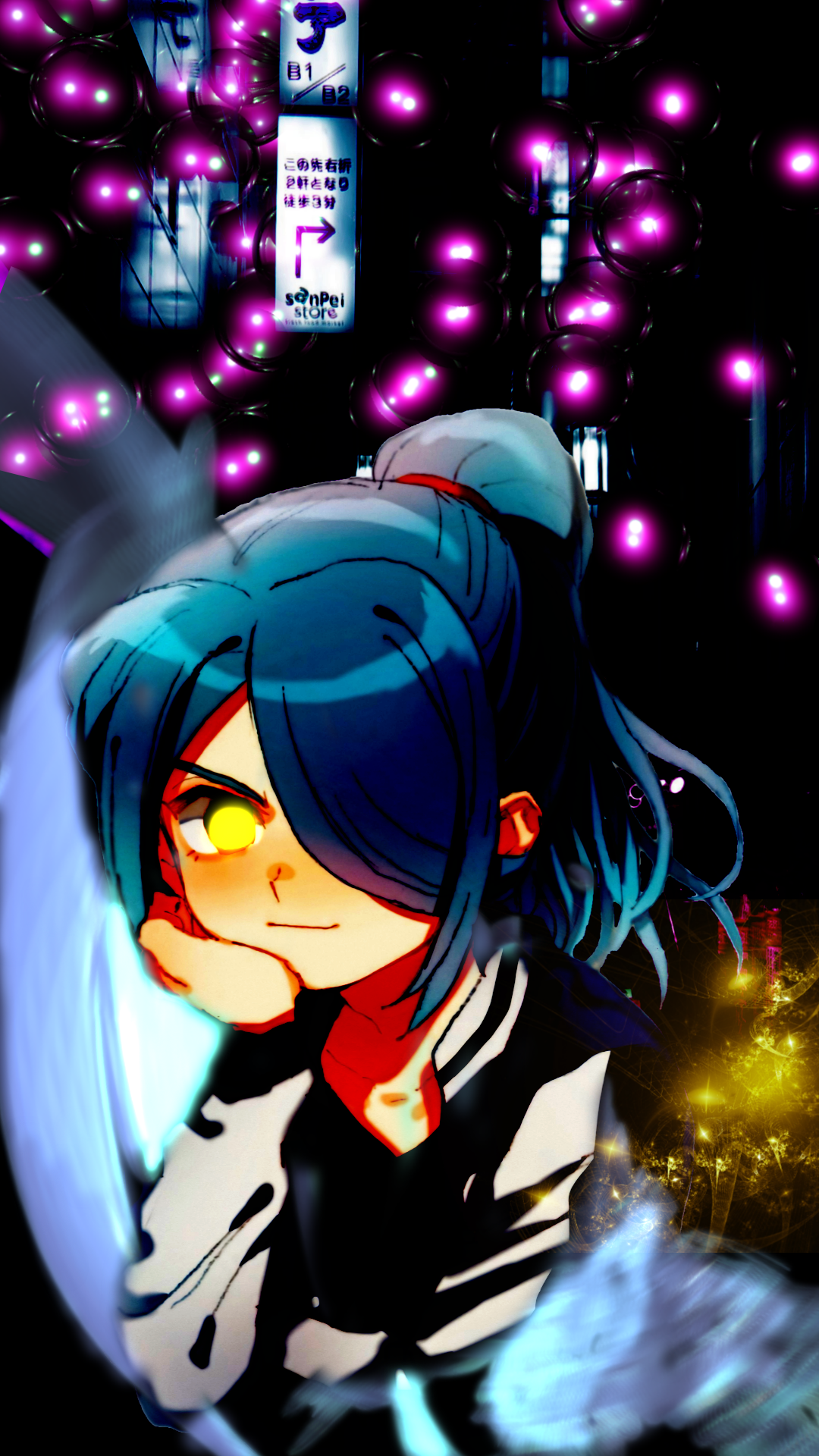 Anime girl with blue hair and yellow eyes HD Phone Wallpaper