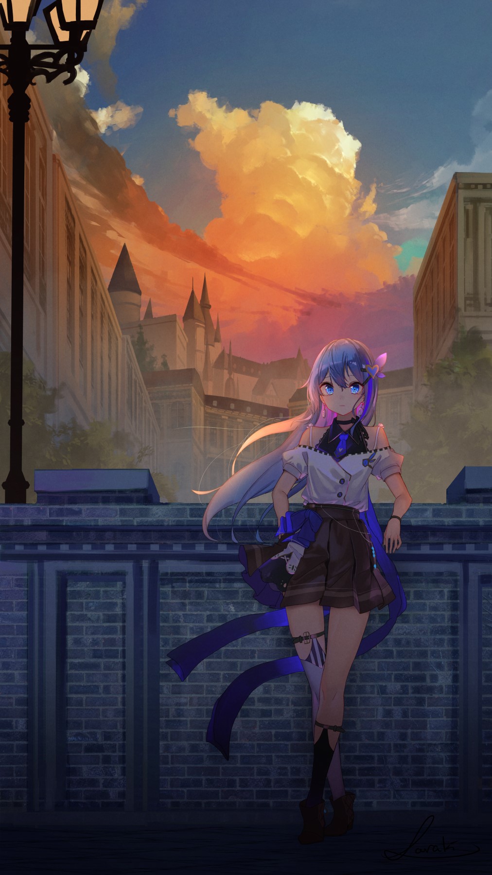 Anime girl with blue hair and ribbons at sunset HD Phone Wallpaper