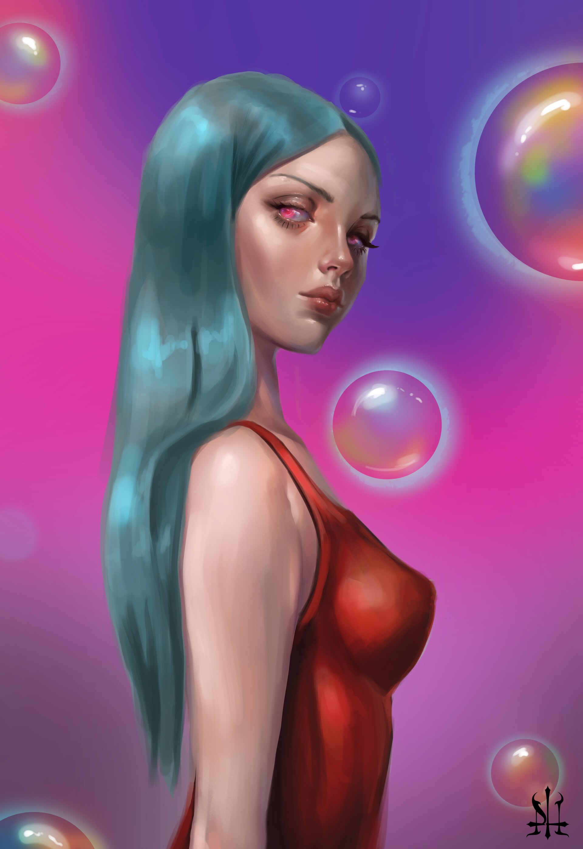 Artwork of a woman with long teal hair and a red dress HD Phone Wallpaper