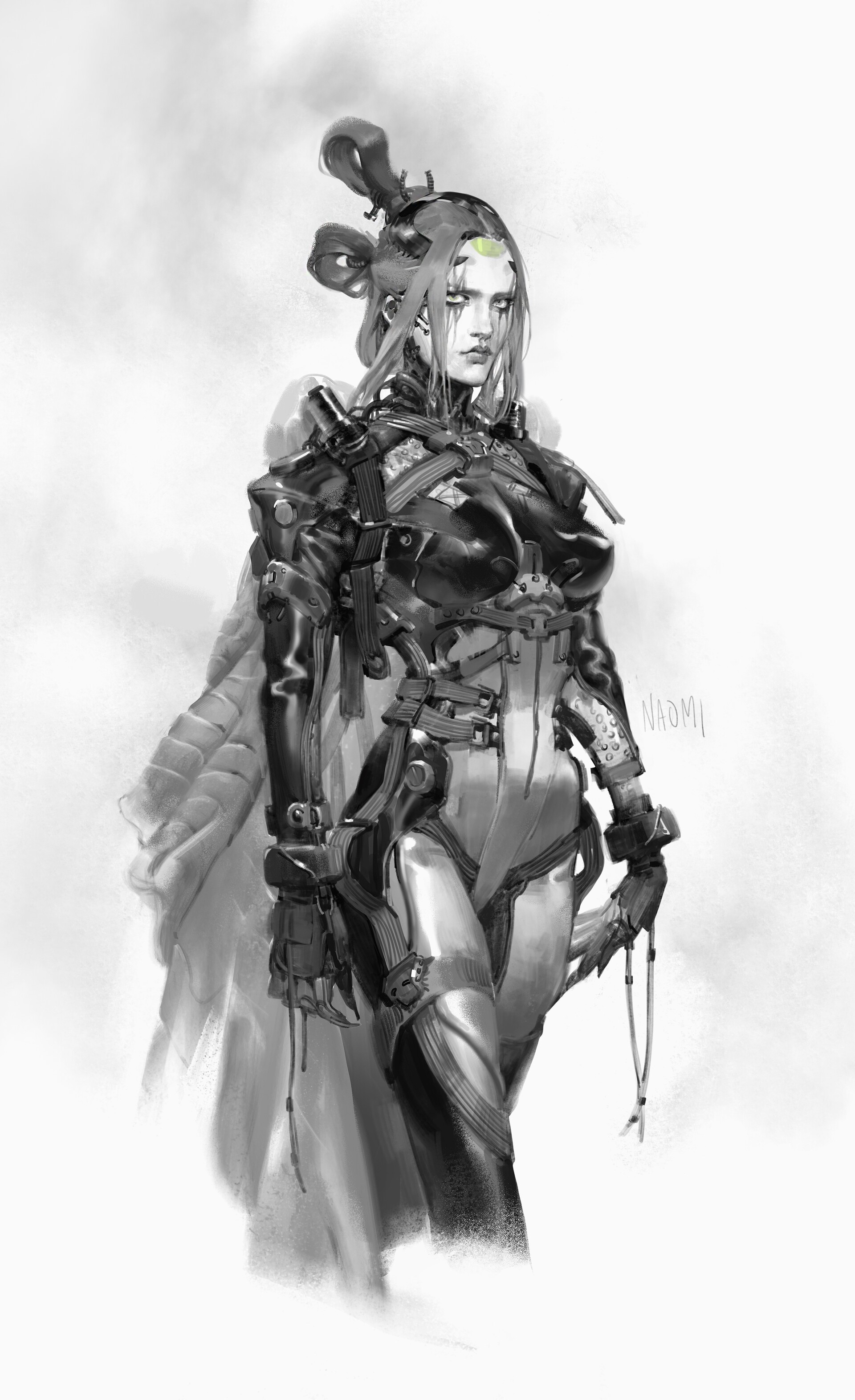Monochrome artwork of a fantasy woman in armor HD Phone Wallpaper