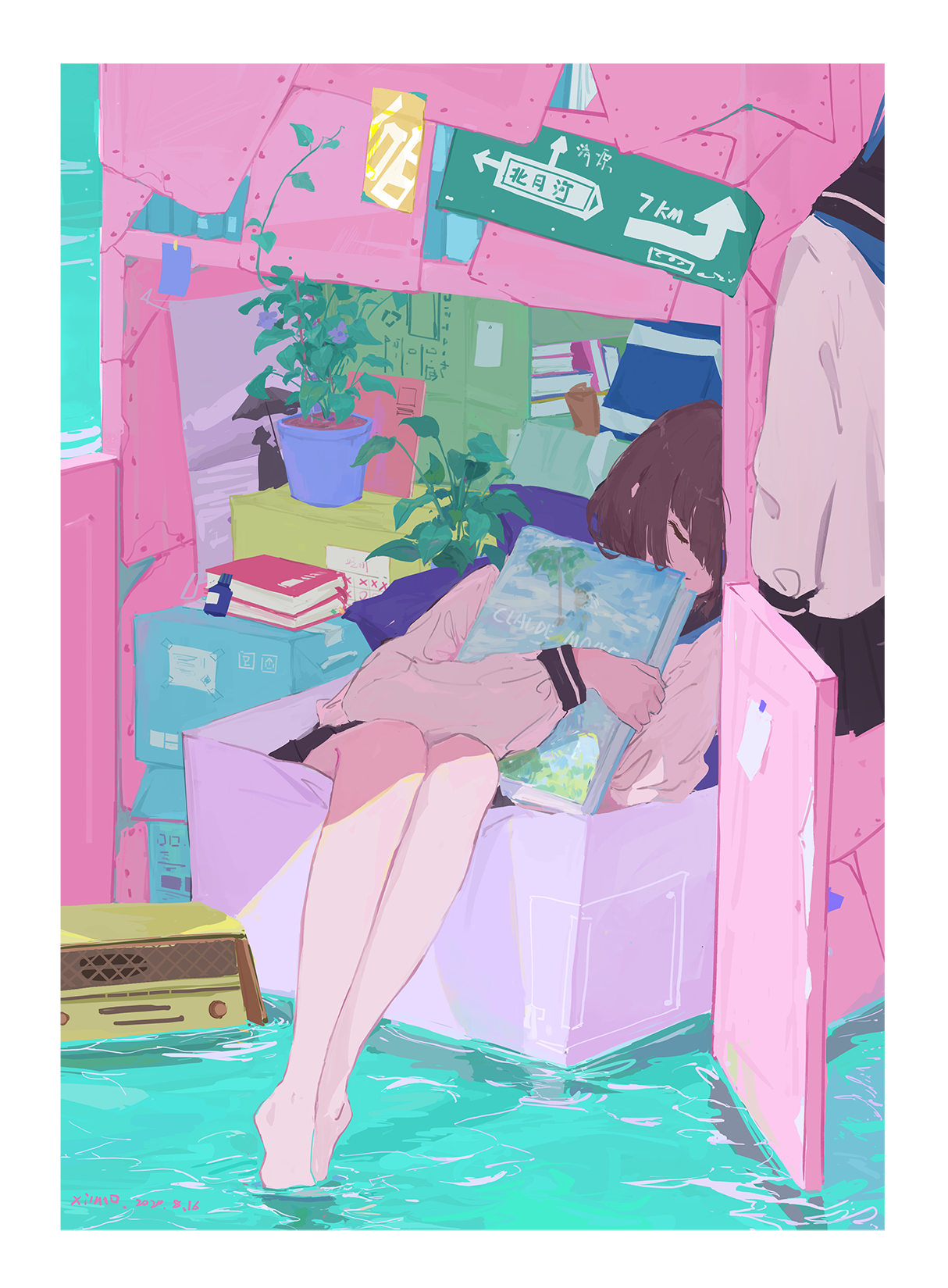Anime girl sleeping with a book in a flooded room HD Phone Wallpaper