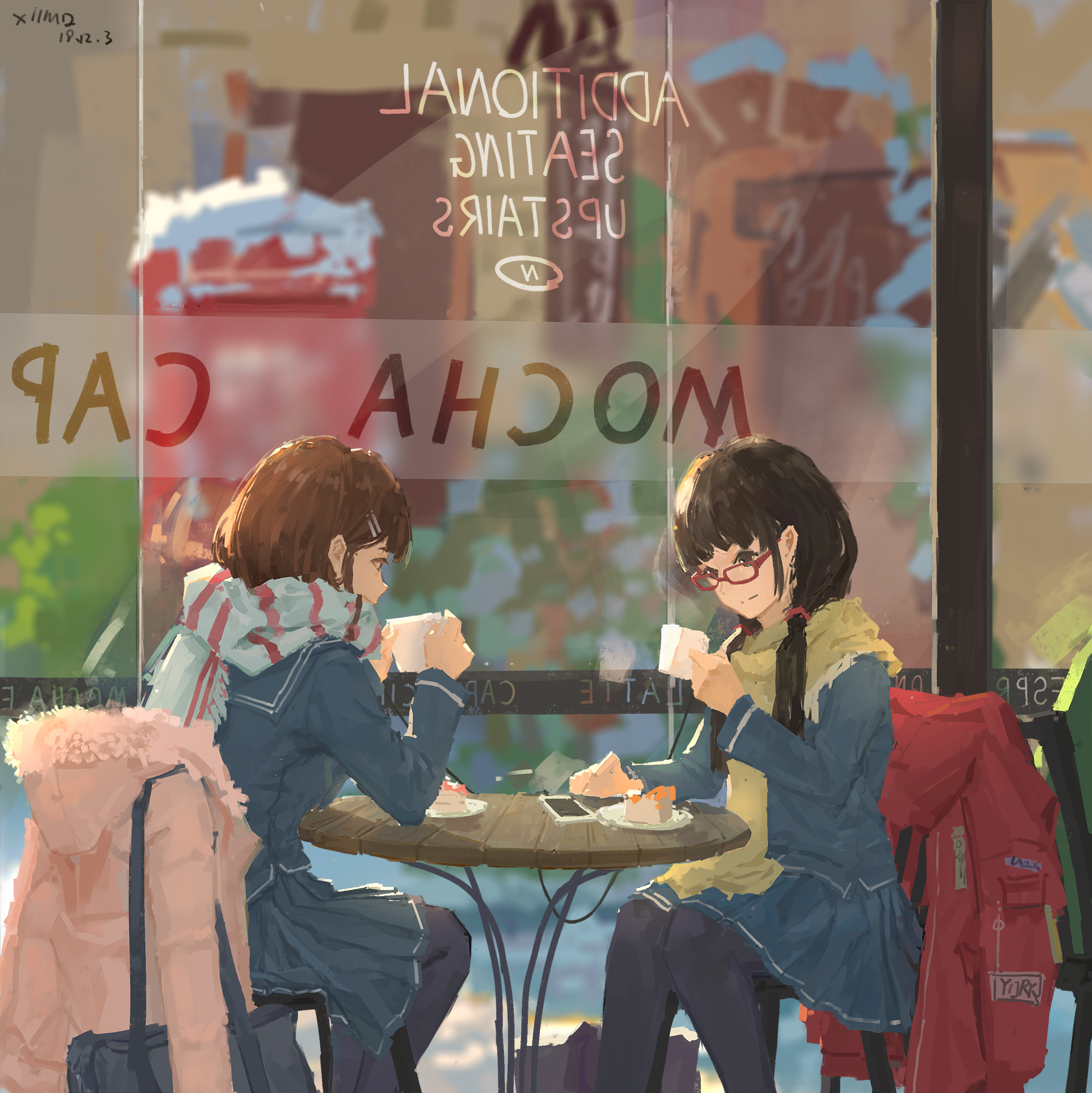 Anime girls in sailor uniforms at a cafe HD Phone Wallpaper