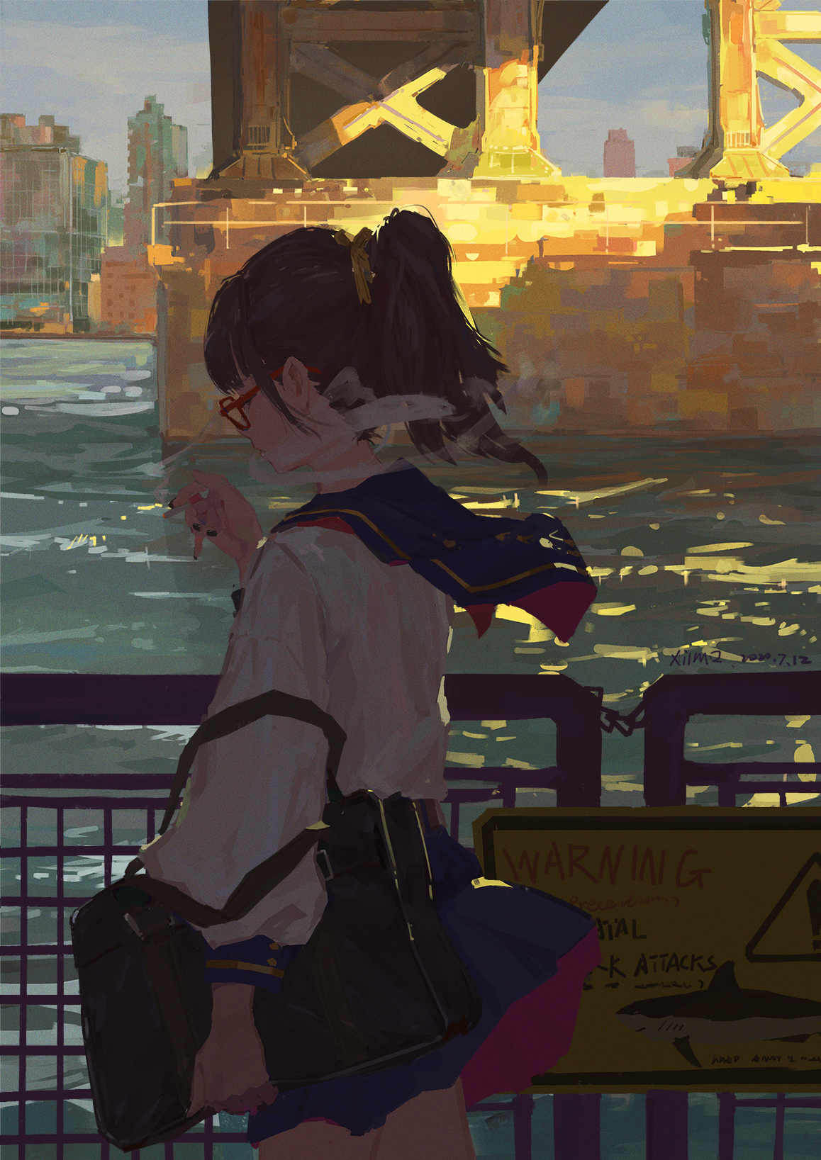 Anime girl in sailor uniform smoking by the water HD Phone Wallpaper