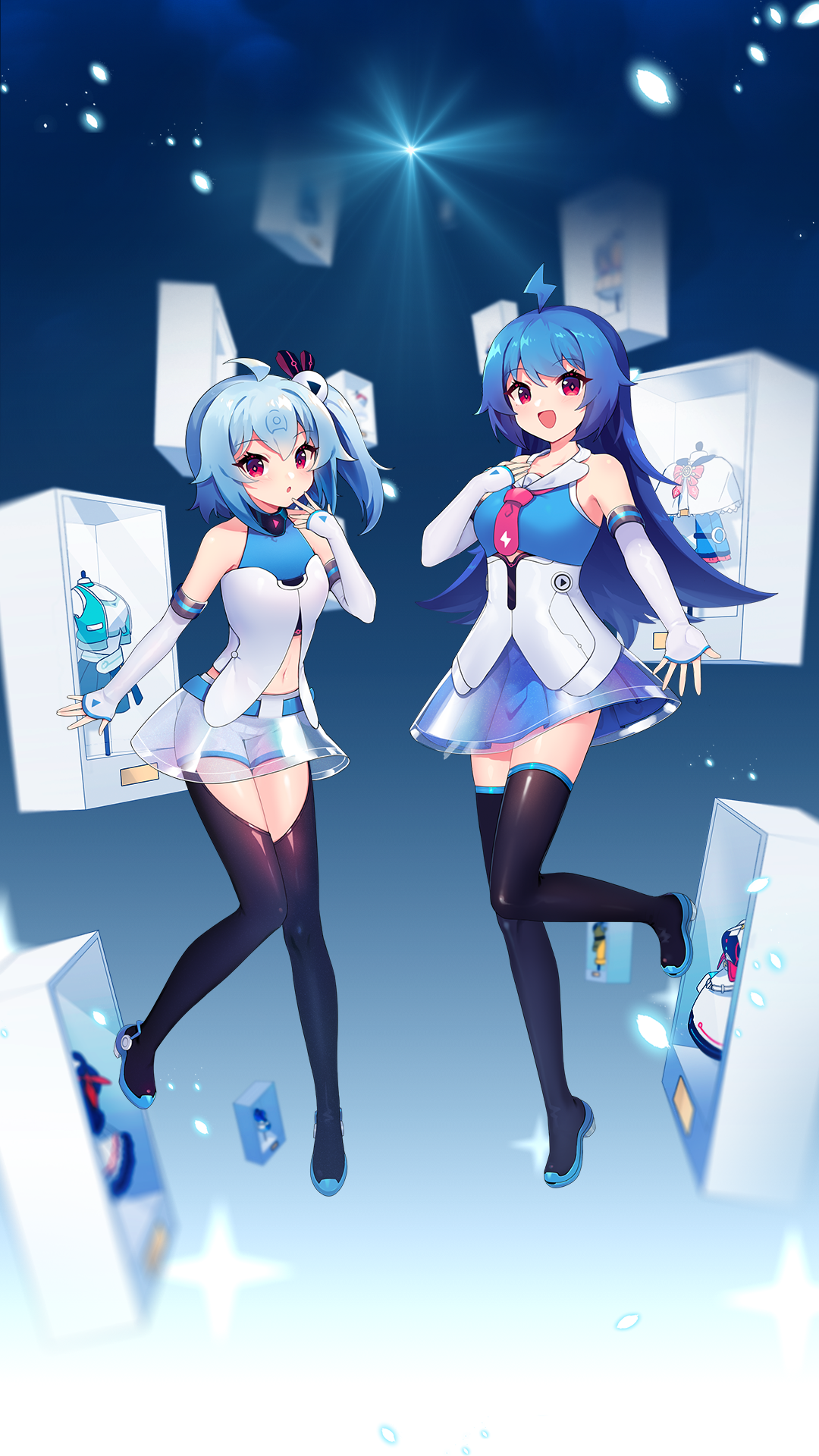 Two anime girls in futuristic outfits floating HD Phone Wallpaper