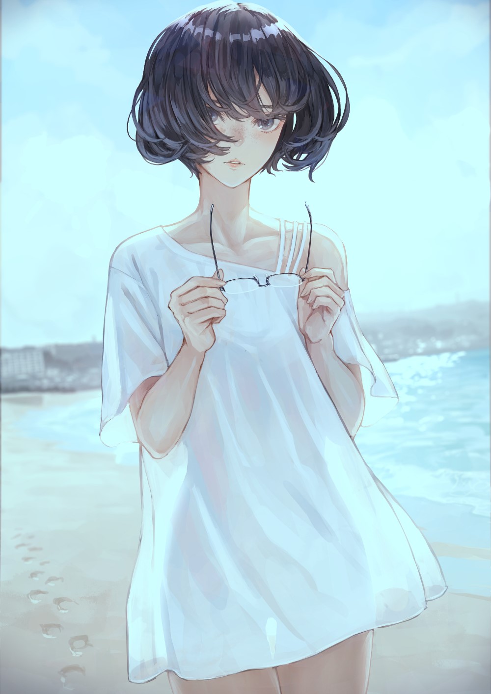 Anime girl with short dark hair holding glasses on a beach HD Phone Wallpaper