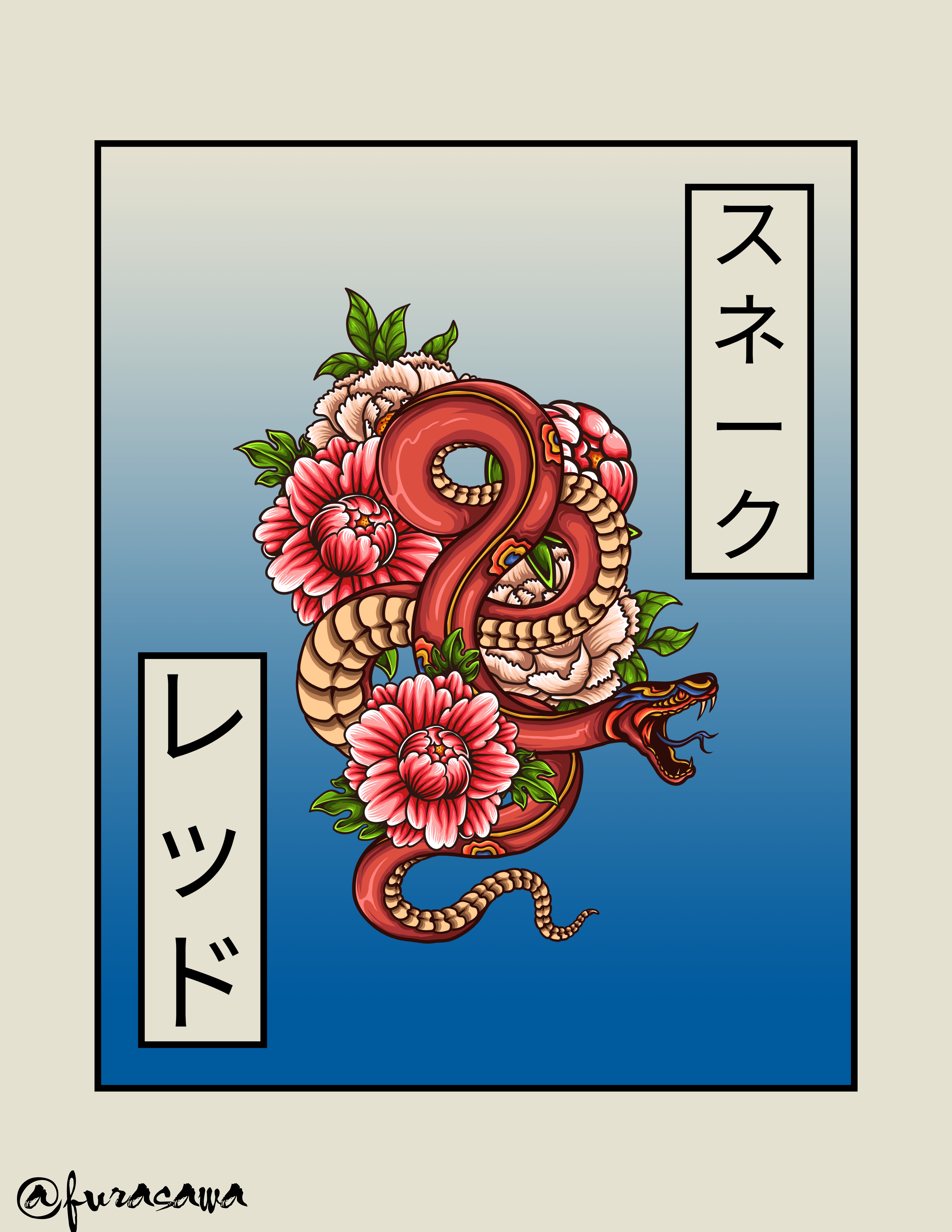 Red snake with peonies and Japanese text HD Phone Wallpaper