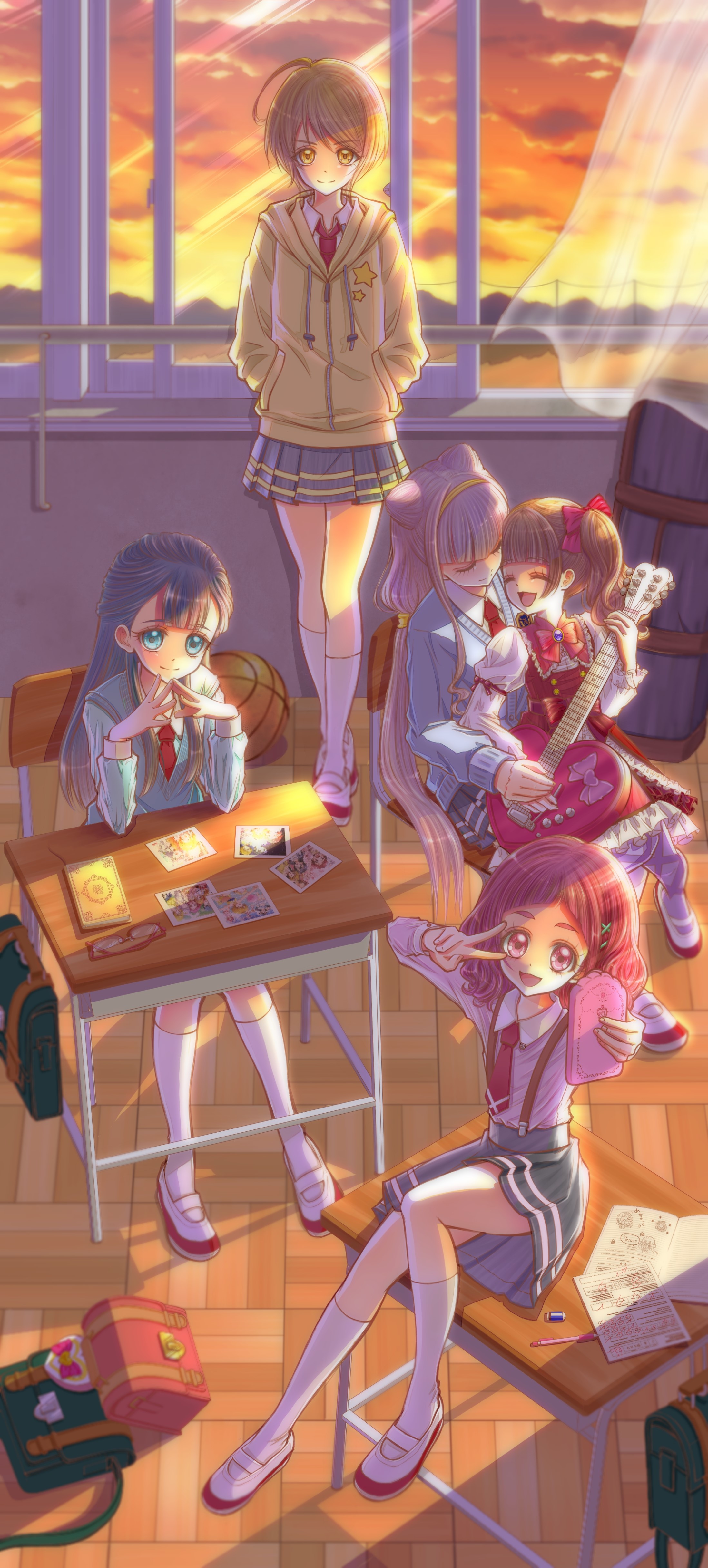 HUGtto! Precure characters in a classroom at sunset HD Phone Wallpaper