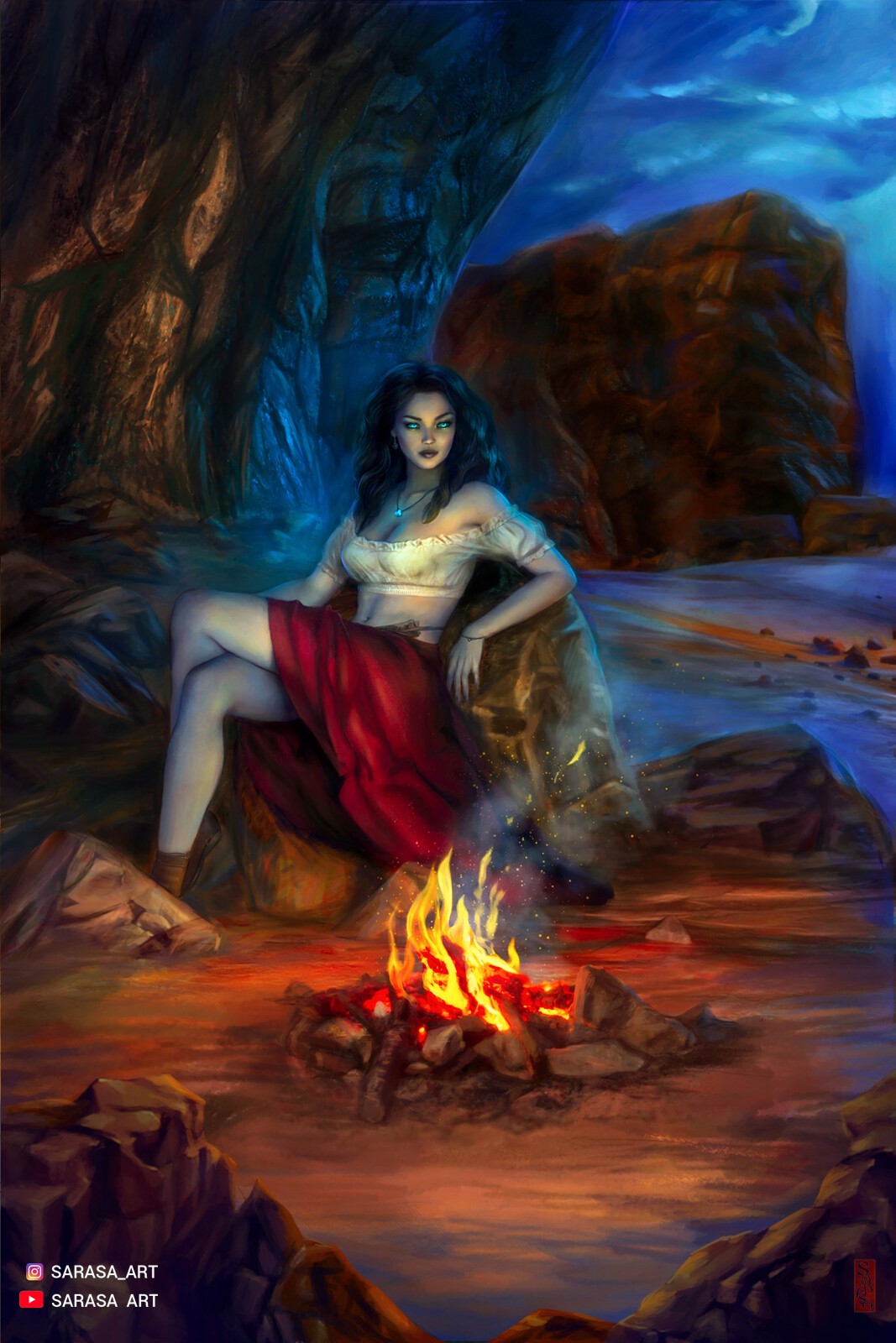 Fantasy art of a woman by a campfire in a cave HD Phone Wallpaper