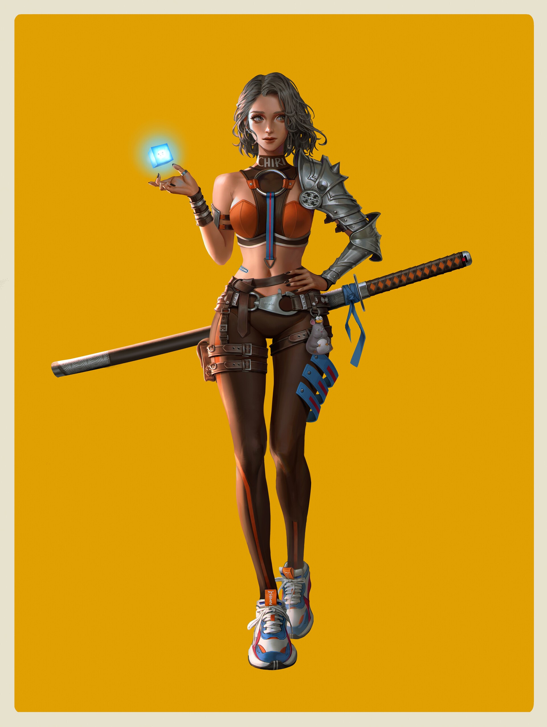 Fantasy girl with sword and glowing cube HD Phone Wallpaper