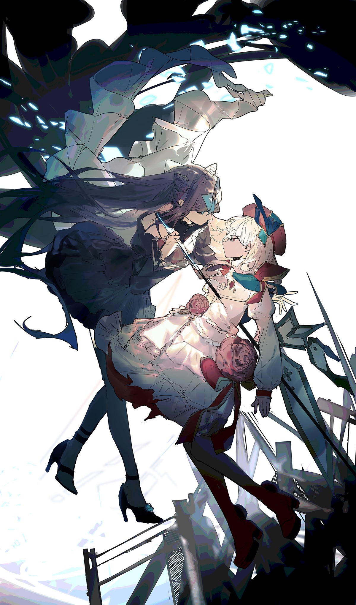 Two anime girls in dresses with roses HD Phone Wallpaper