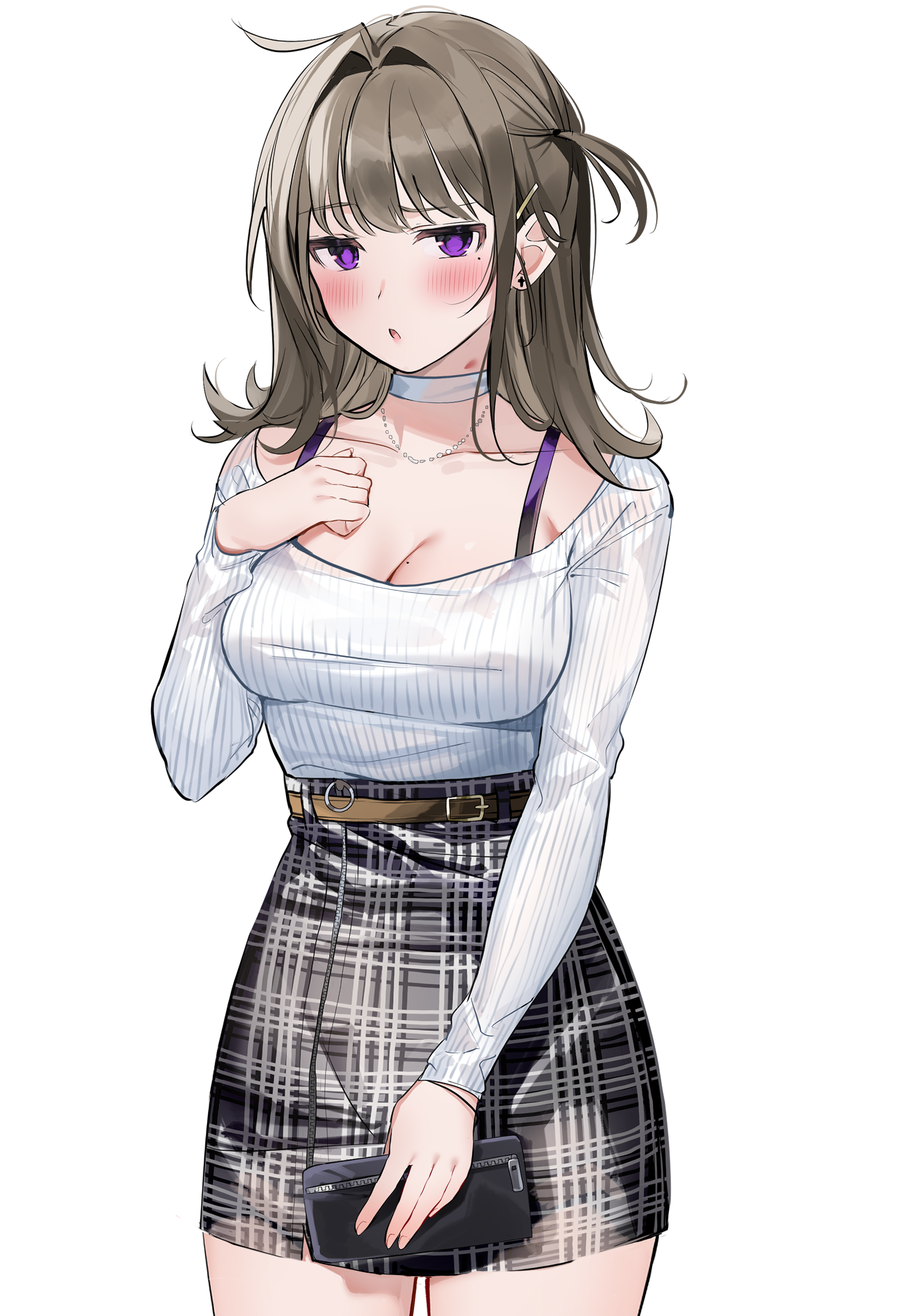 Anime girl with purple eyes wearing a sweater and skirt HD Phone Wallpaper