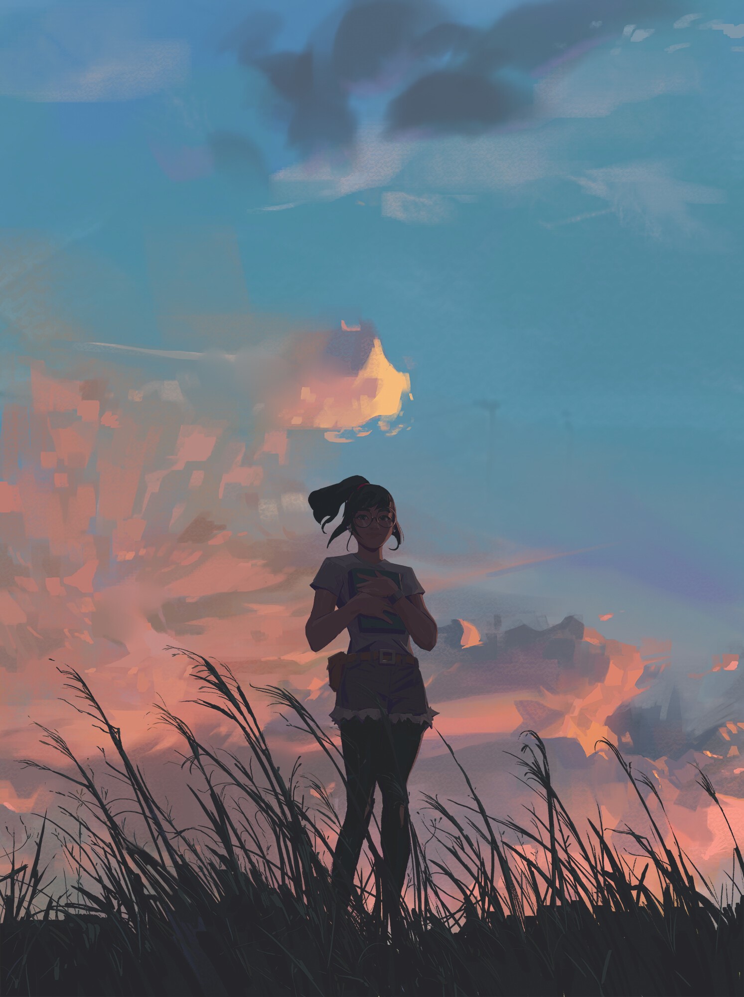 Girl with ponytail in grass at sunset HD Phone Wallpaper