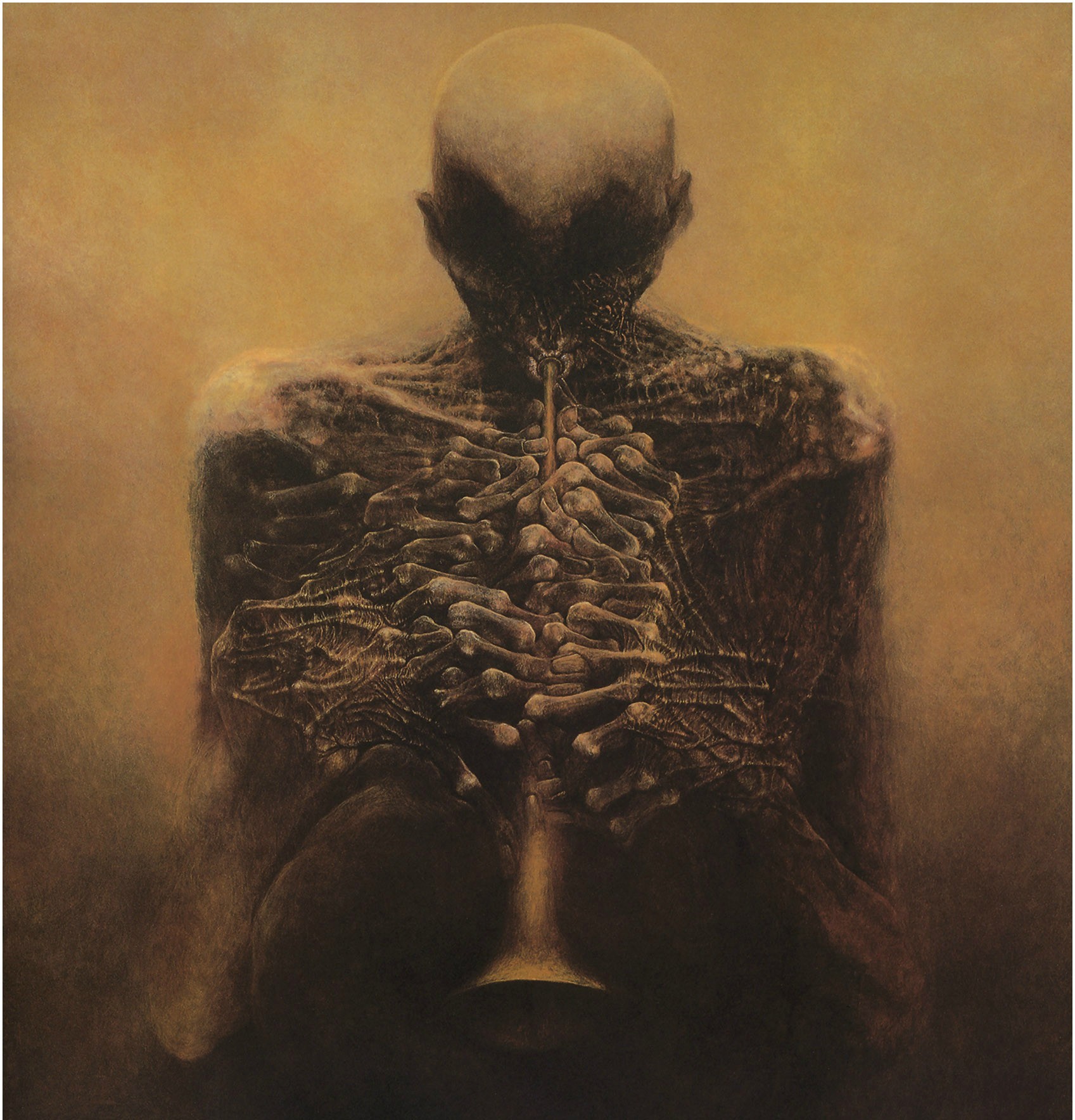Skeleton playing a trumpet by Zdzisław Beksiński HD Phone Wallpaper
