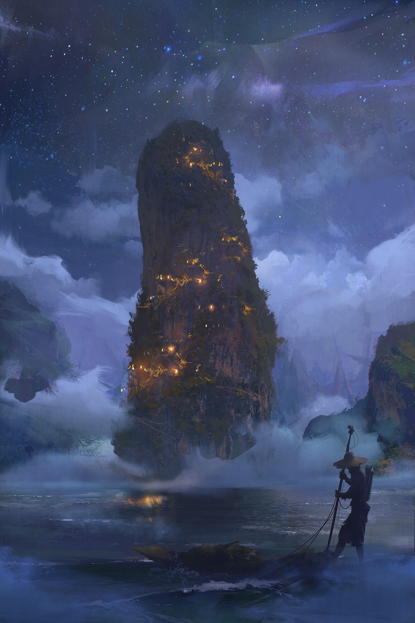 Fantasy art of a floating island village at night HD Phone Wallpaper