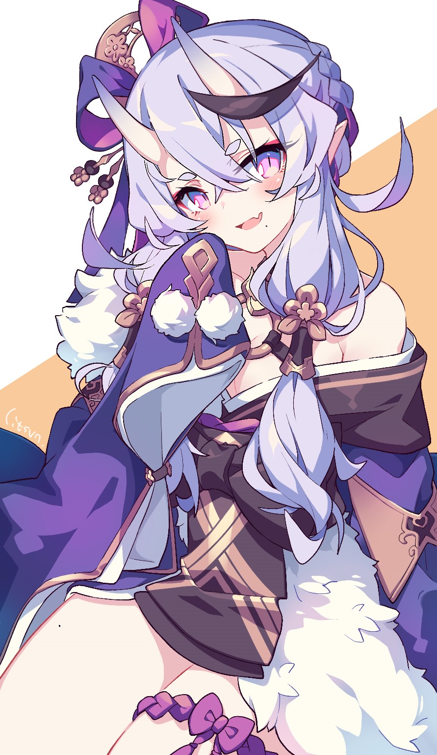 Anime girl with purple hair and horns HD Phone Wallpaper