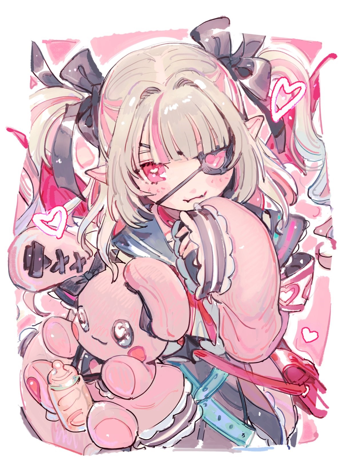 Anime girl with eyepatch and plush toy HD Phone Wallpaper