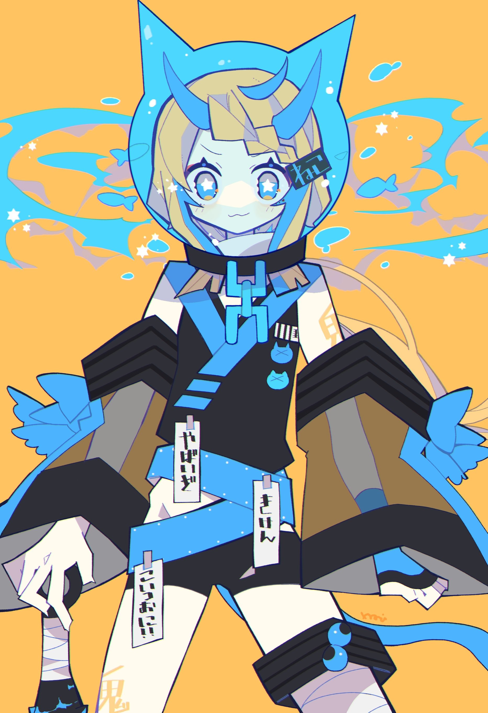 Anime girl with blue cat ears and horns HD Phone Wallpaper