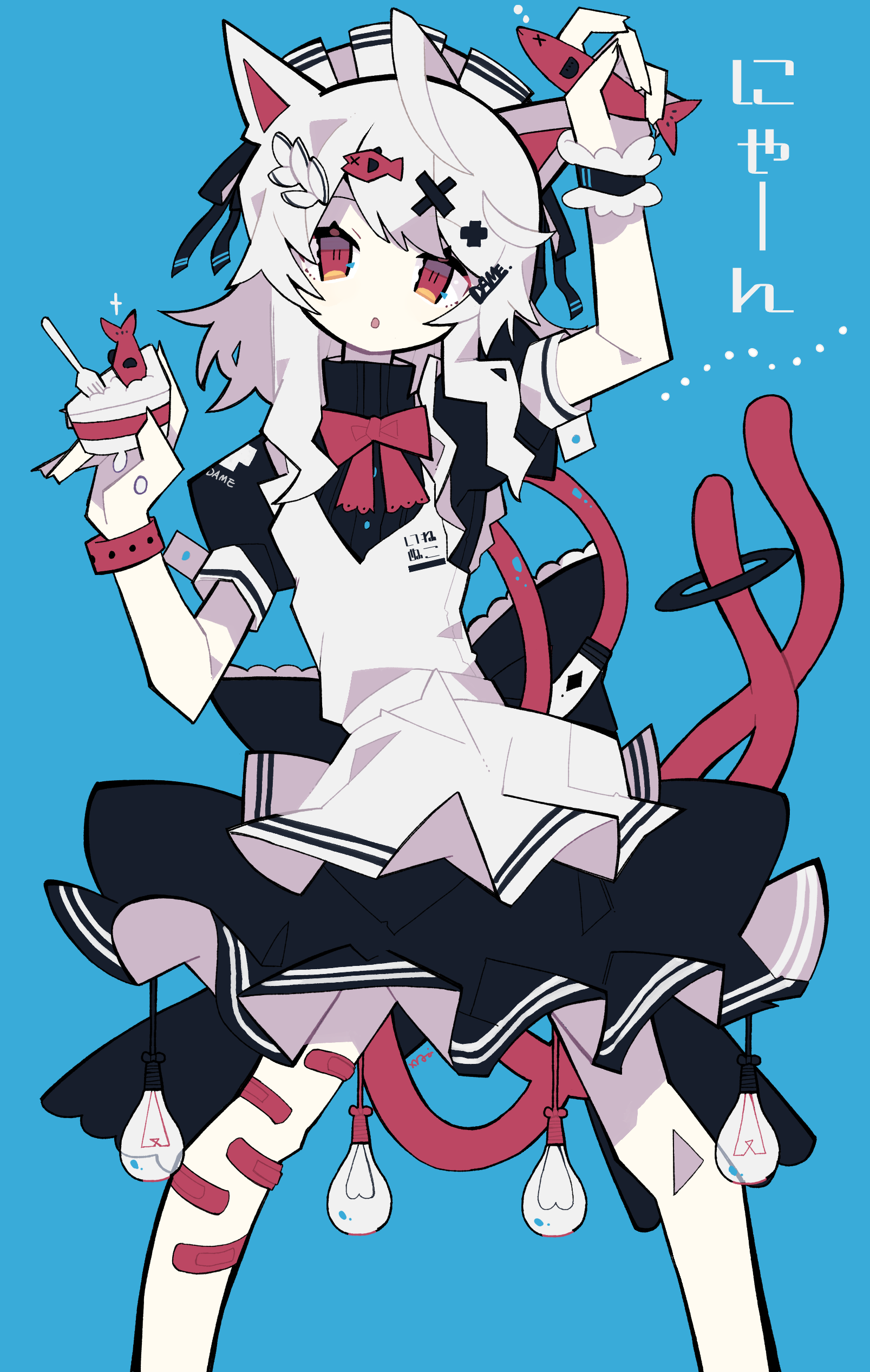 Anime girl with cat ears and maid outfit holding fish HD Phone Wallpaper