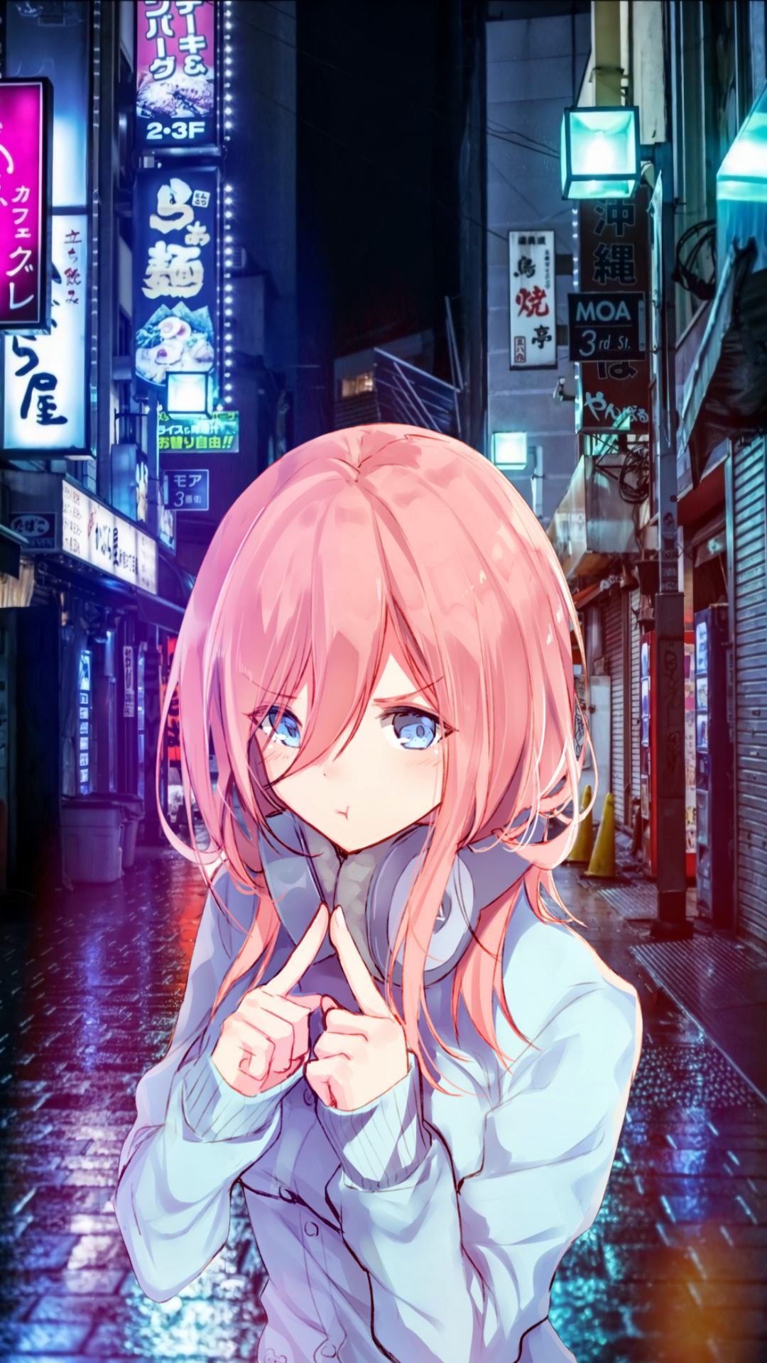 Miku Nakano from The Quintessential Quintuplets in a Neon City HD Phone Wallpaper