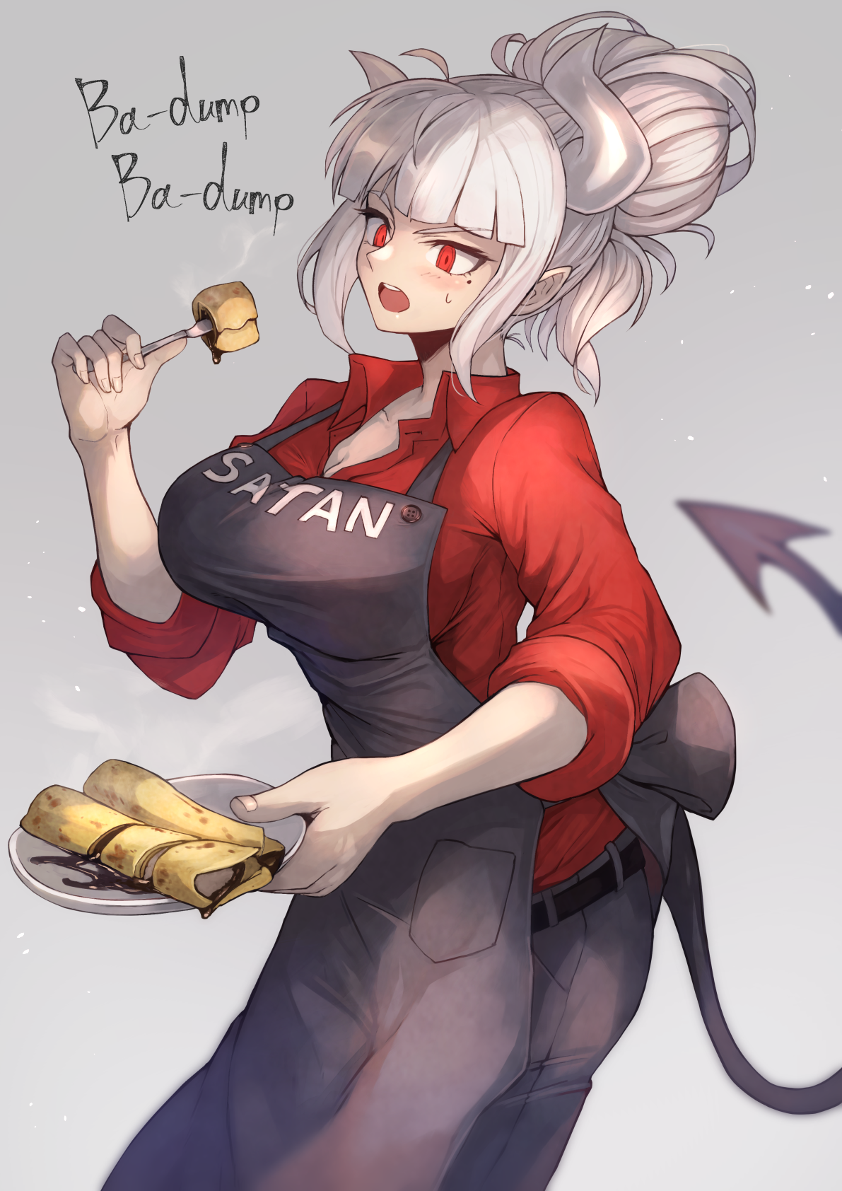 Lucifer from Helltaker eating a chocolate-covered pastry HD Phone Wallpaper