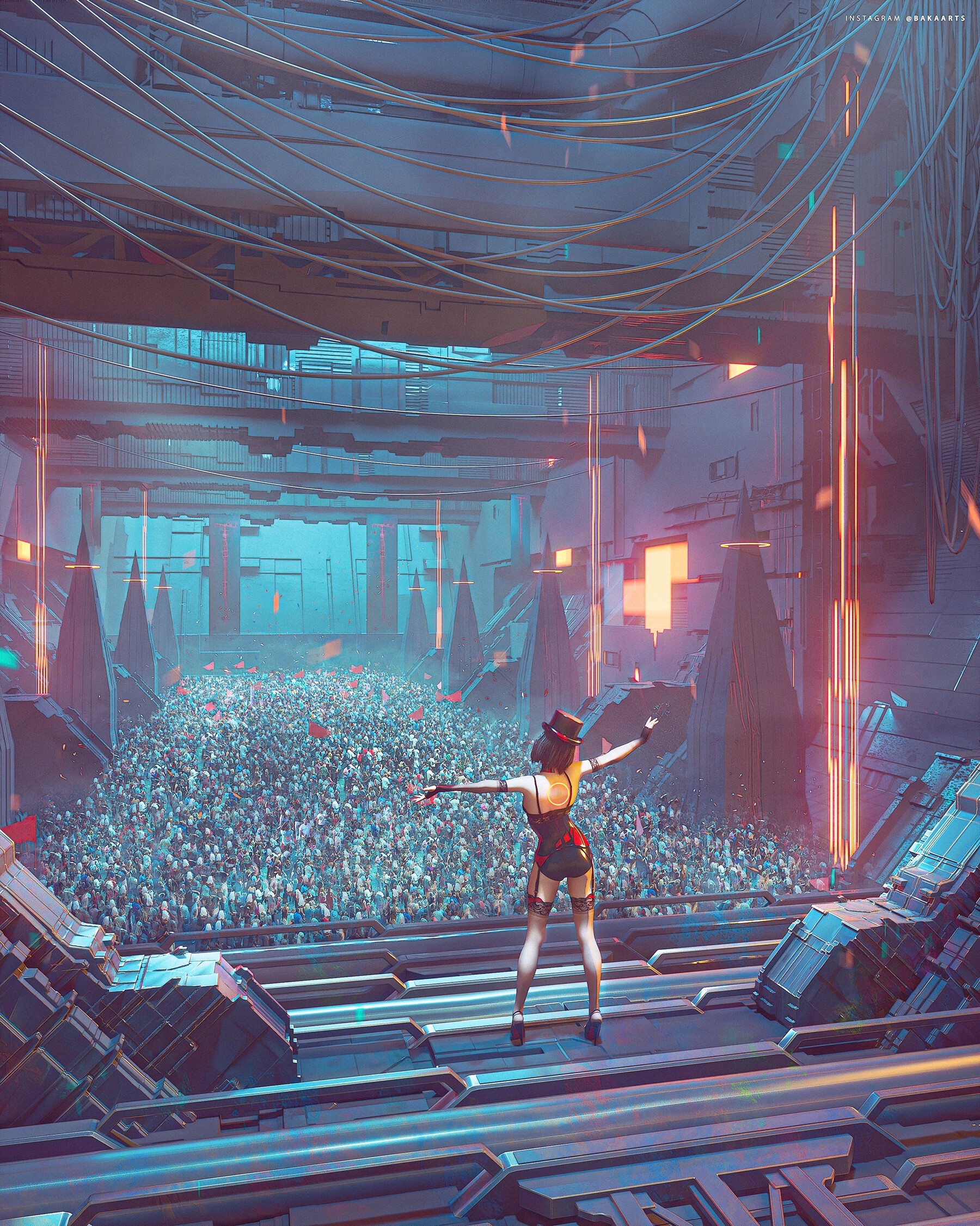 Woman performing for a crowd in a cyberpunk city HD Phone Wallpaper