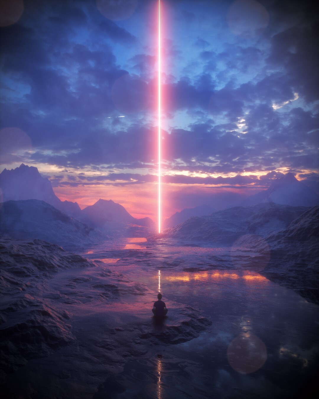 Person meditating under a pink beam of light in mountains HD Phone Wallpaper