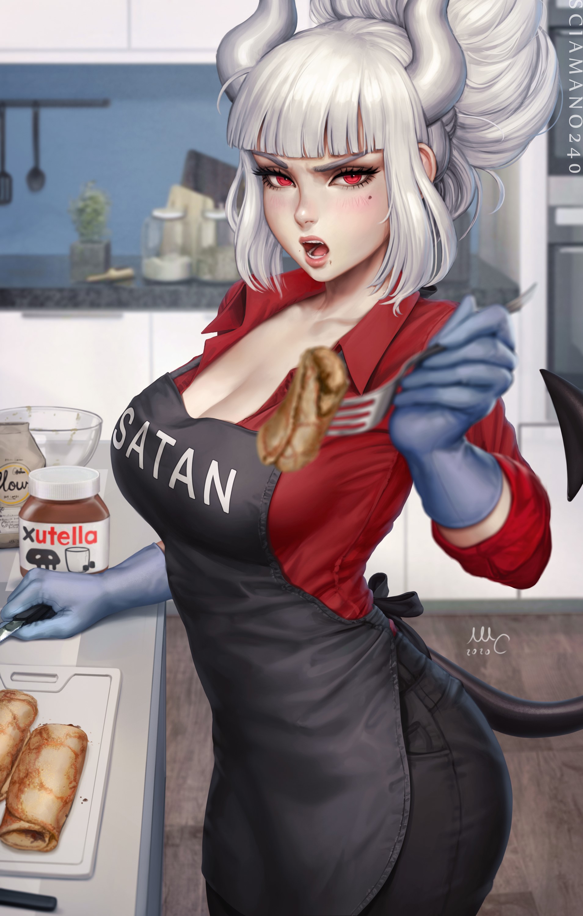 Lucifer from Helltaker cooking with Xutella HD Phone Wallpaper