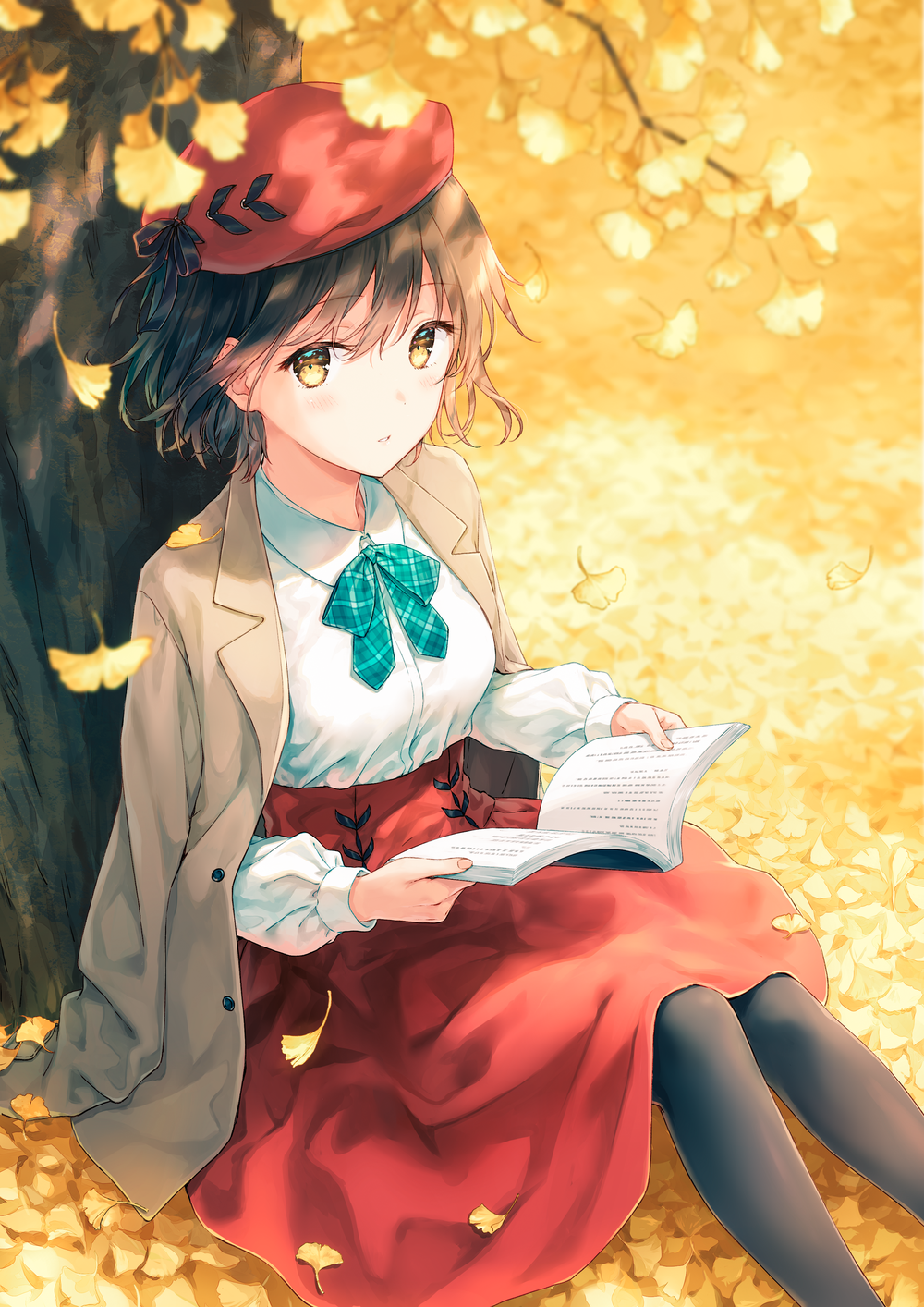 Anime girl with beret reading a book under a tree in fall HD Phone Wallpaper