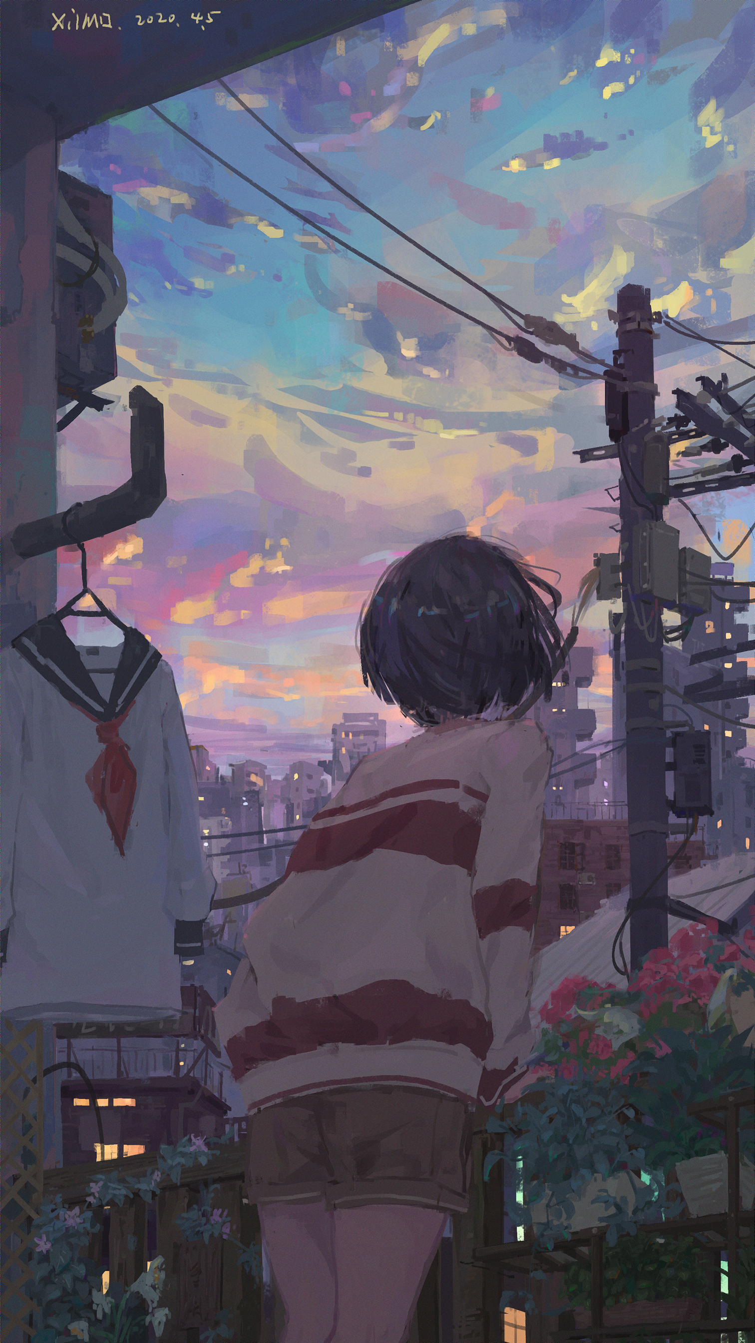 Anime girl looking at sunset over city, sailor uniform HD Phone Wallpaper
