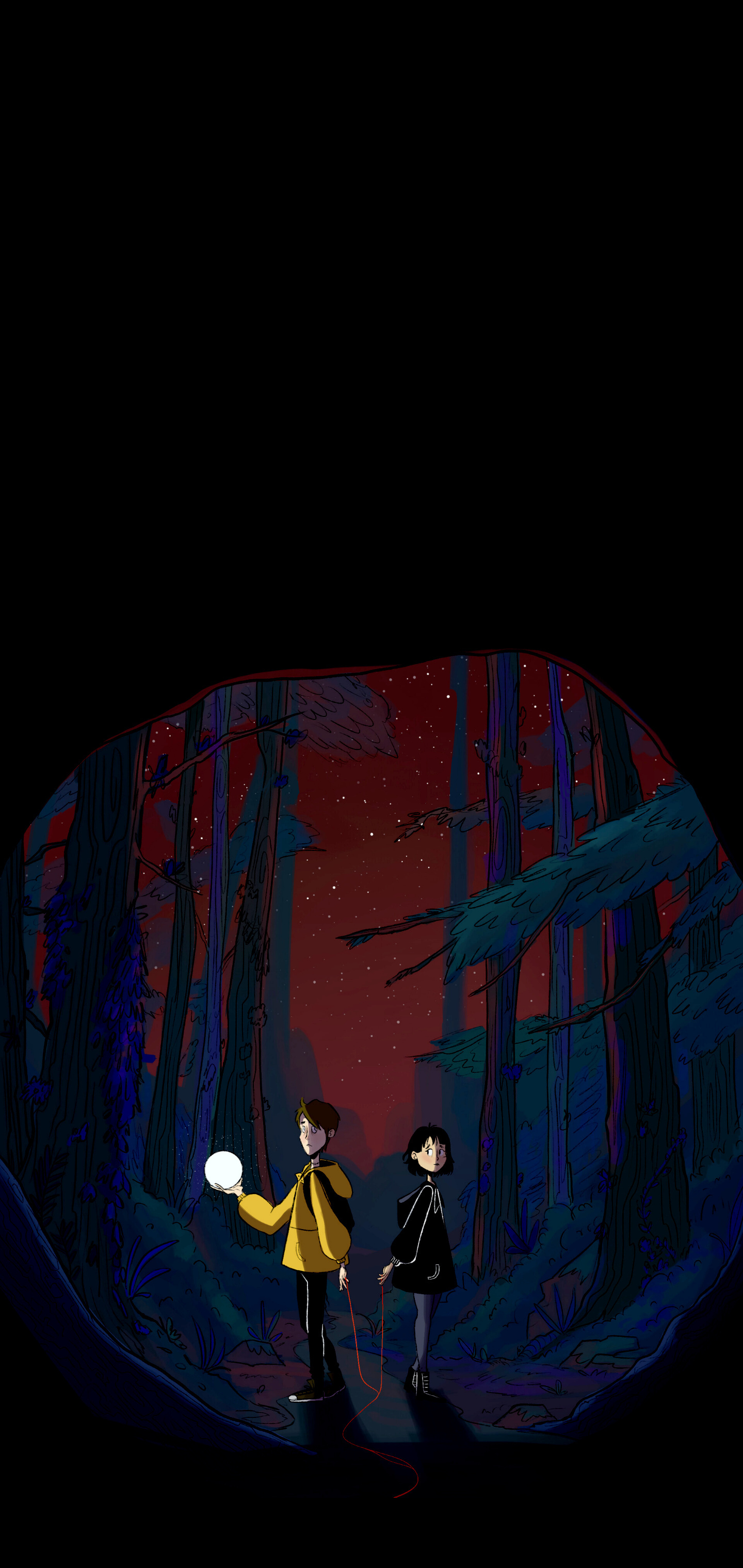 Two children in a dark forest with a glowing orb HD Phone Wallpaper