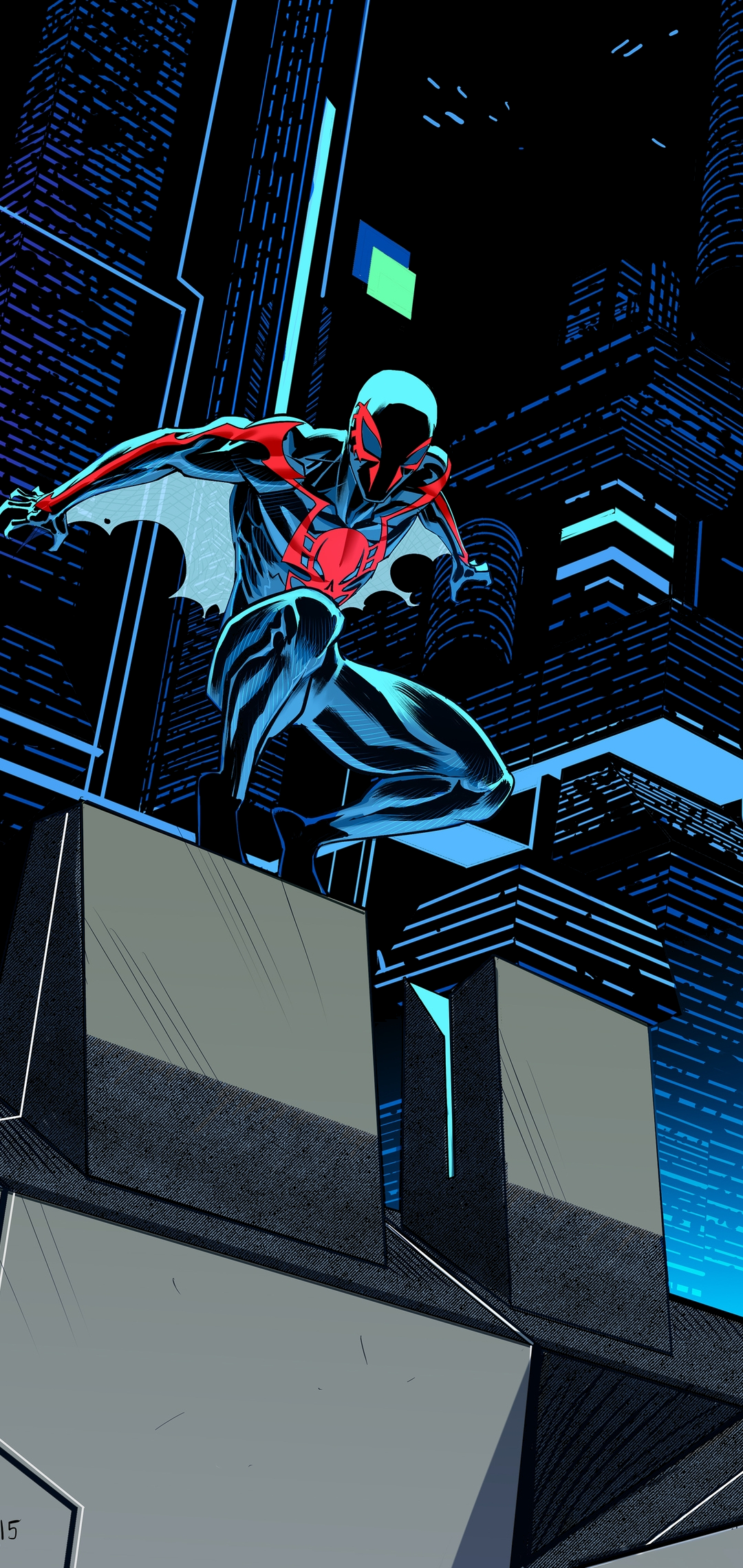 Spider-Man 2099 leaping across a futuristic city at night HD Phone Wallpaper