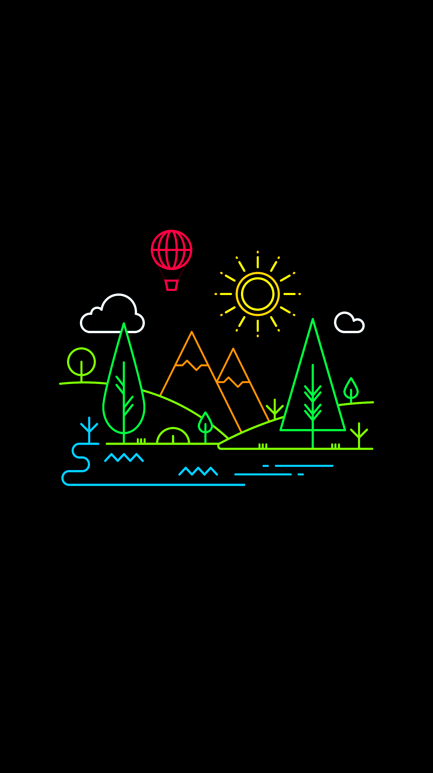 Neon landscape with mountains, trees, and hot air balloon HD Phone Wallpaper