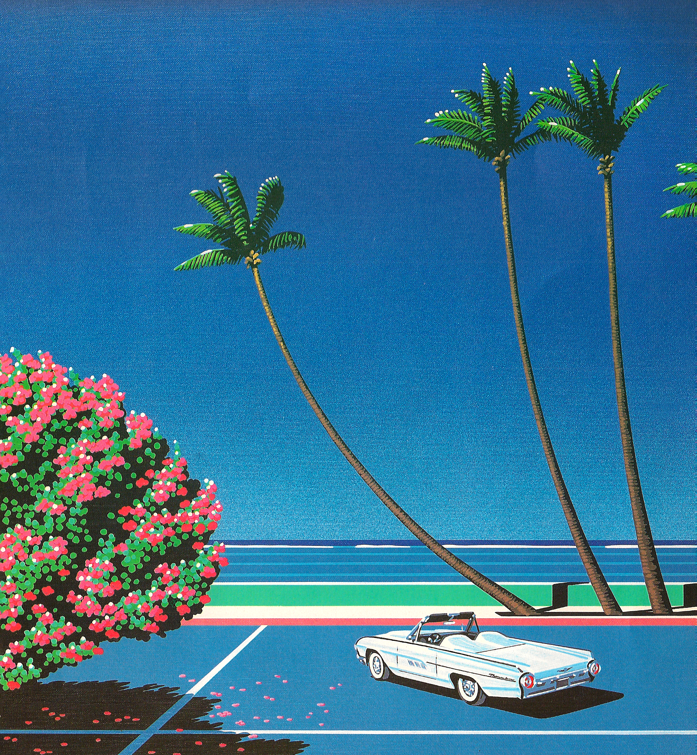 Hiroshi Nagai painting of a convertible car and palm trees HD Phone Wallpaper