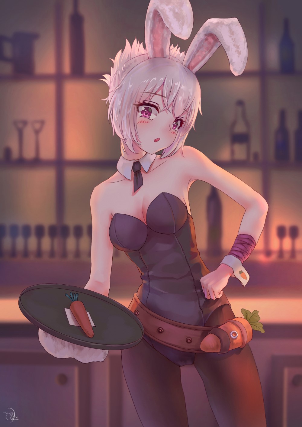Anime girl in bunny outfit holding a tray with a carrot HD Phone Wallpaper