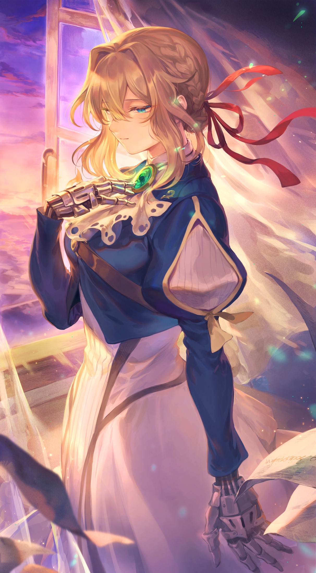 Violet Evergarden with mechanical arms by a window HD Phone Wallpaper