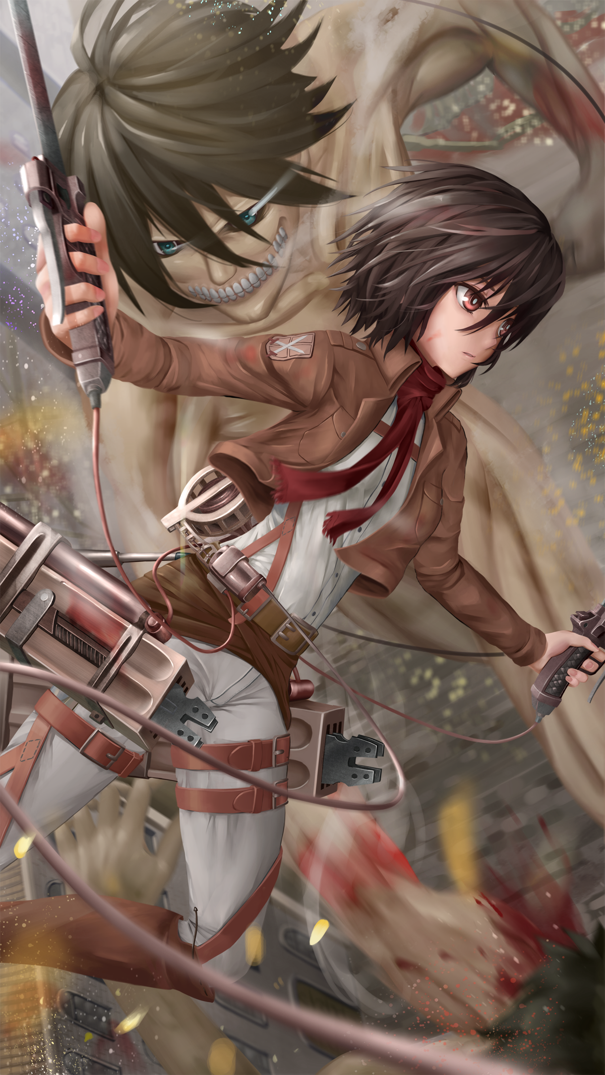 Mikasa Ackerman and a Titan from Attack on Titan HD Phone Wallpaper