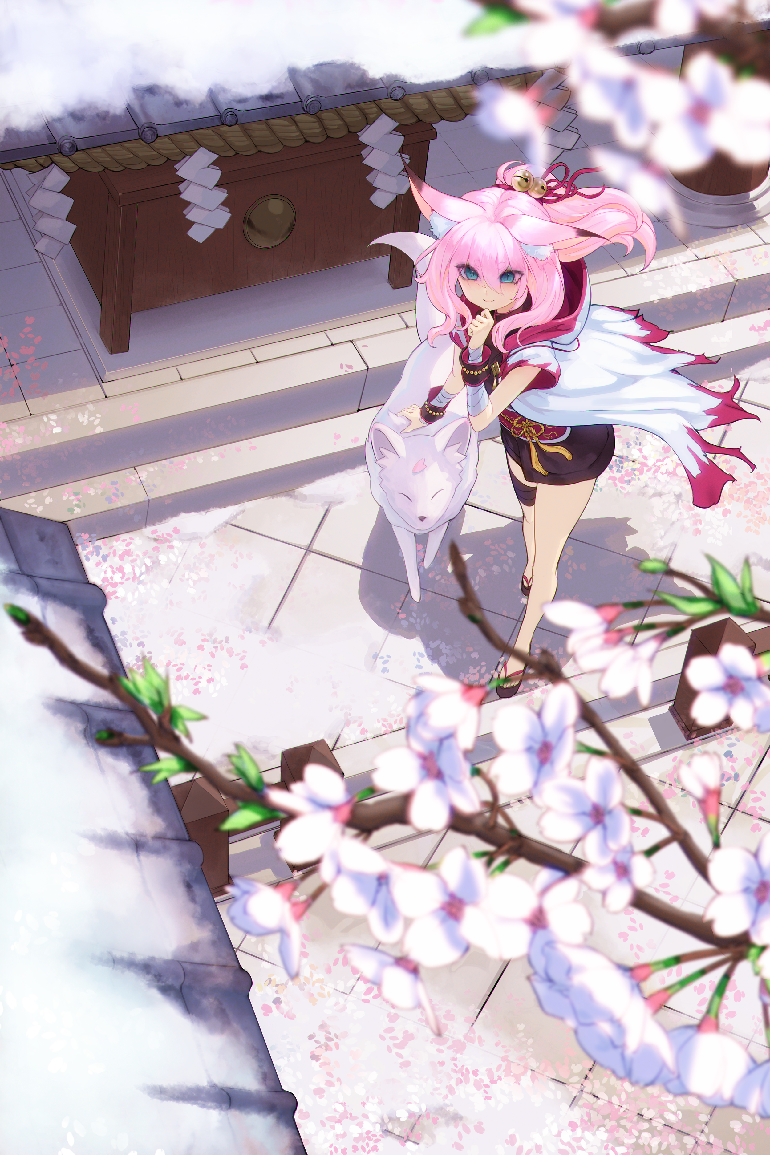 Anime girl with fox ears and white fox near shrine HD Phone Wallpaper