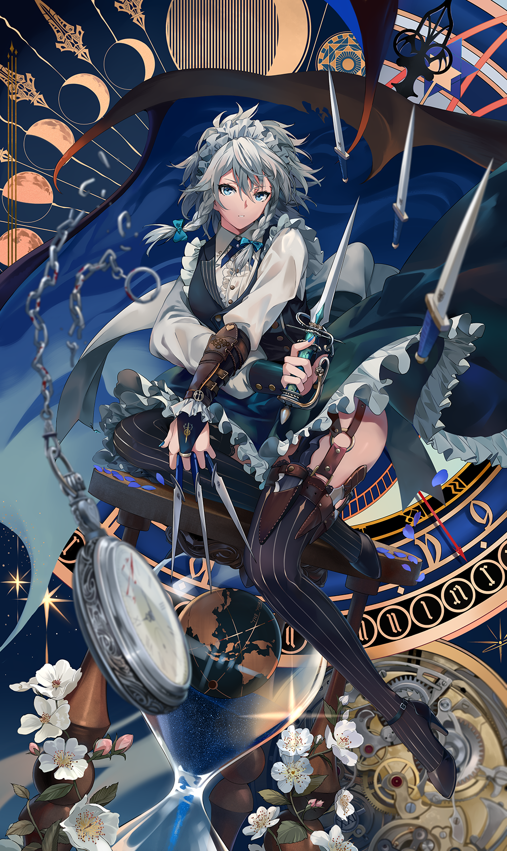 Izayoi Sakuya from Touhou with knives and clockwork HD Phone Wallpaper